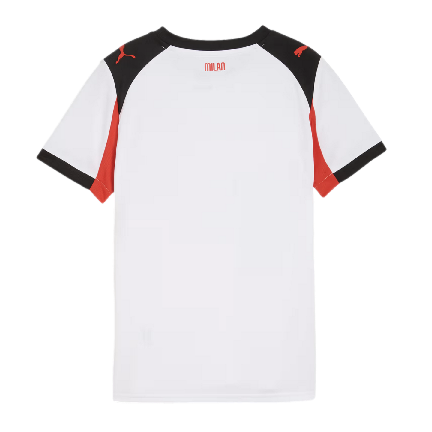 The back view of a white jersey featuring black and red shoulder panels, red Puma logos, and the word "MILAN" in red below the neckline.