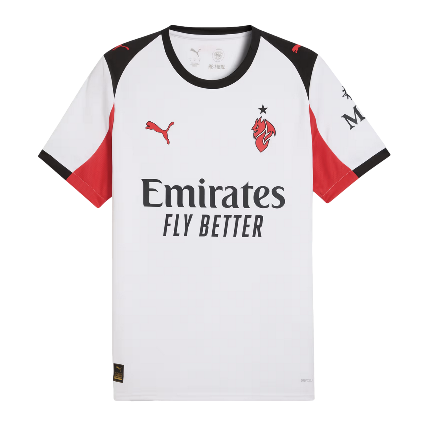 AC Milan away soccer jersey in white with black and red accents, featuring red Puma logos and black Emirates sponsor text.