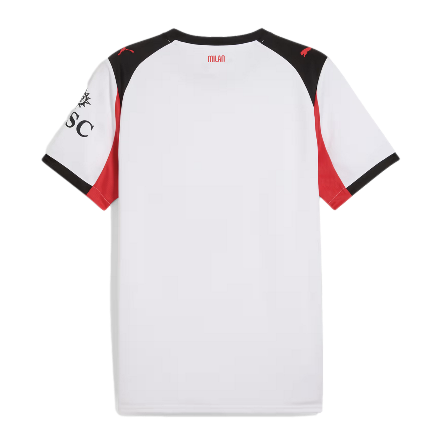 Back of a white AC Milan soccer jersey with black shoulders, red accents, and "MILAN" on the upper back.