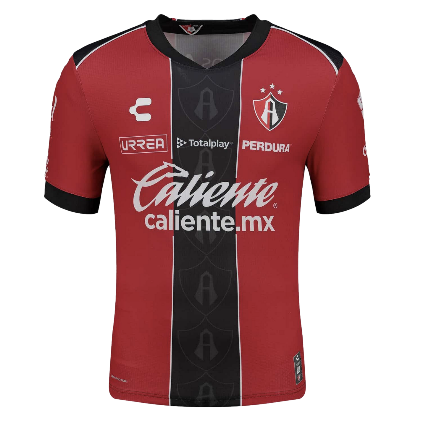 Front view of a red and black Atlas FC soccer jersey with a central black stripe, white sponsor logos, and the team crest on the left chest.