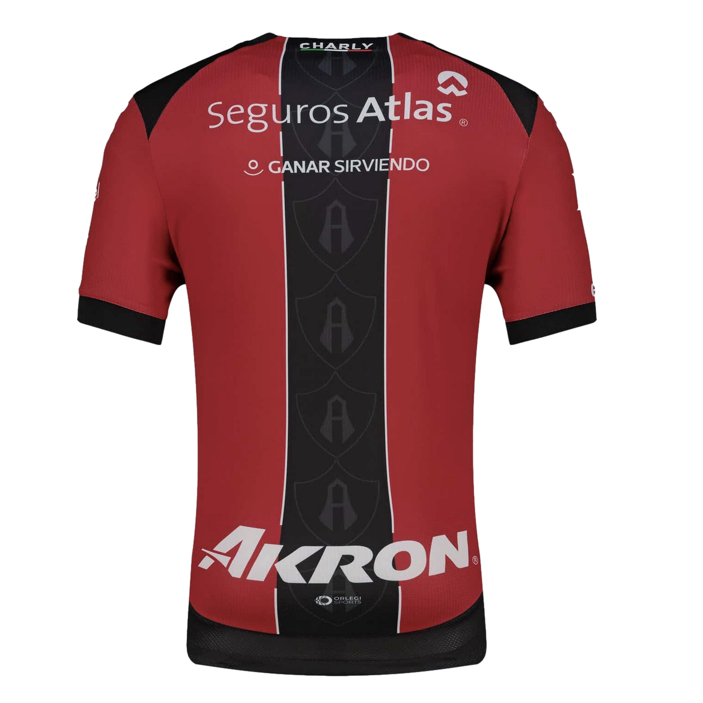 Back of a red sports jersey with a black central stripe, featuring white 'Seguros Atlas' and 'AKRON' sponsor text and repeating shield icons.