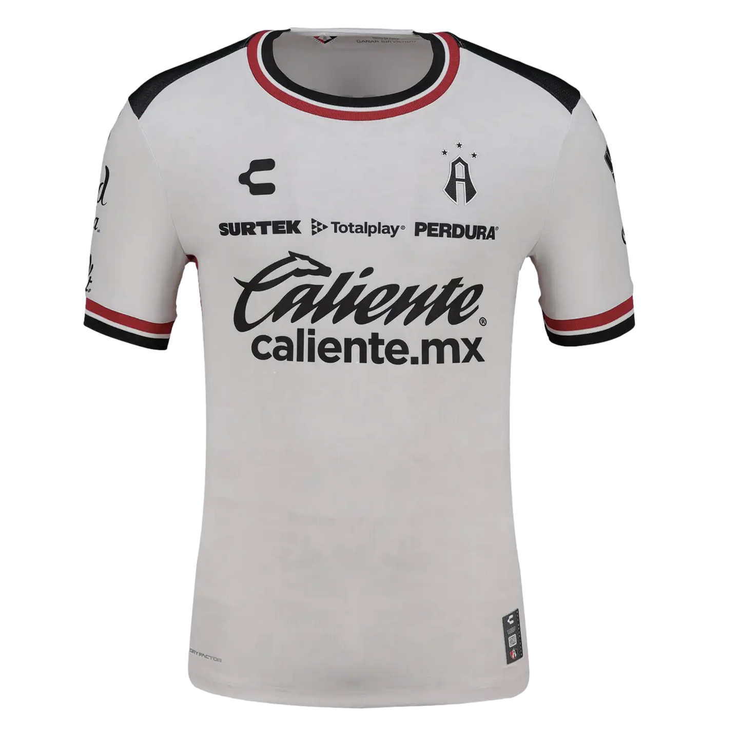 White Atlas FC soccer jersey by Charly with black and red trim. Features sponsor logos including Caliente.mx on the chest.