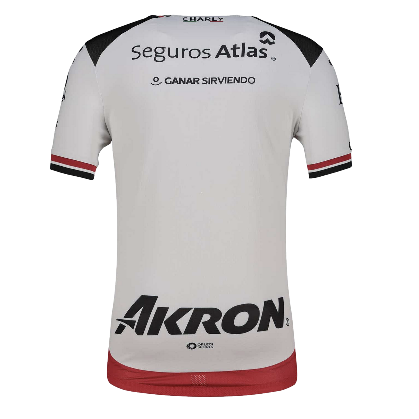 Back of a white sports jersey featuring Seguros Atlas and Akron logos. Includes black shoulder panels, striped sleeve trim, and a red bottom hem.