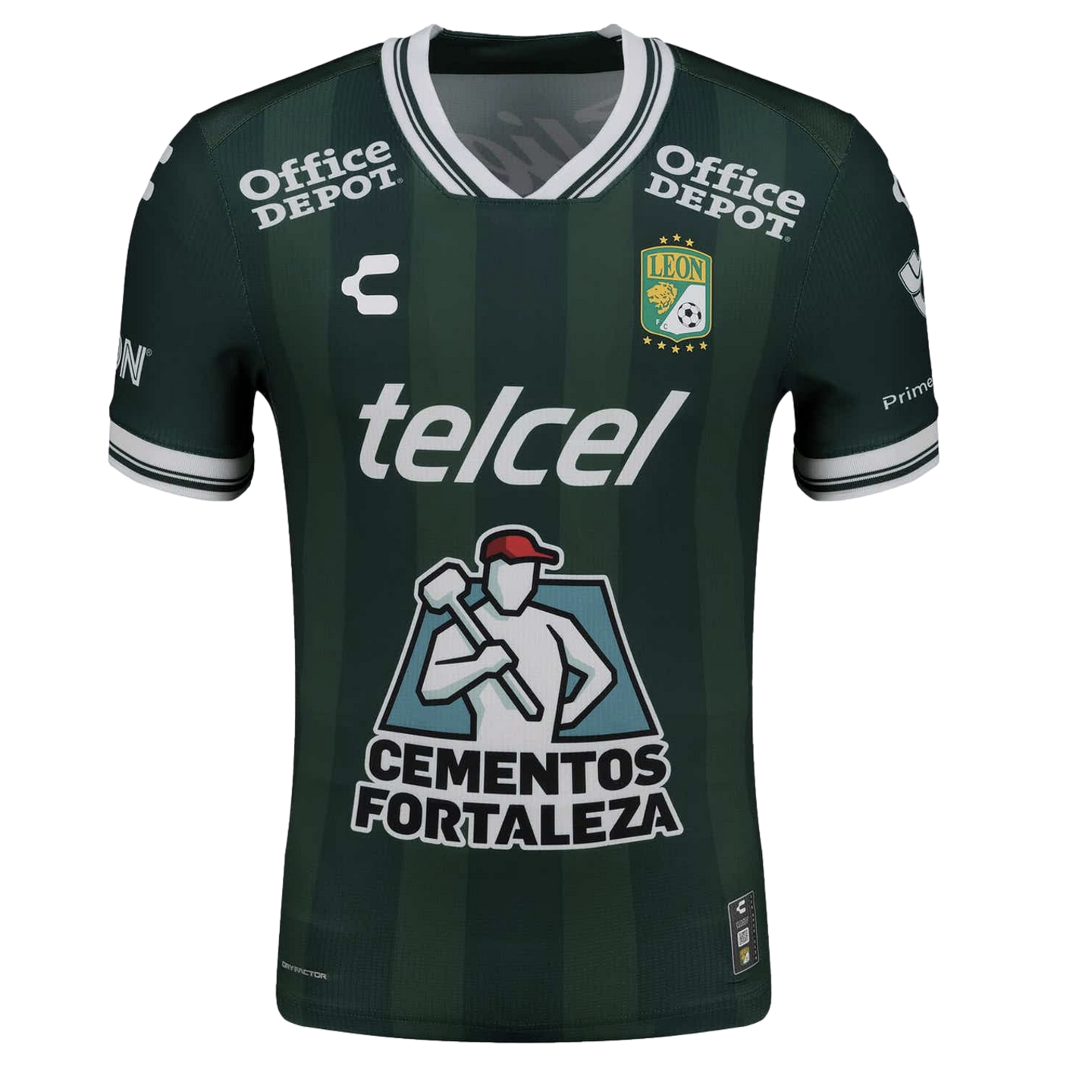 Dark green Club León soccer jersey with white trim and sponsor logos including Telcel and Cementos Fortaleza on the front.