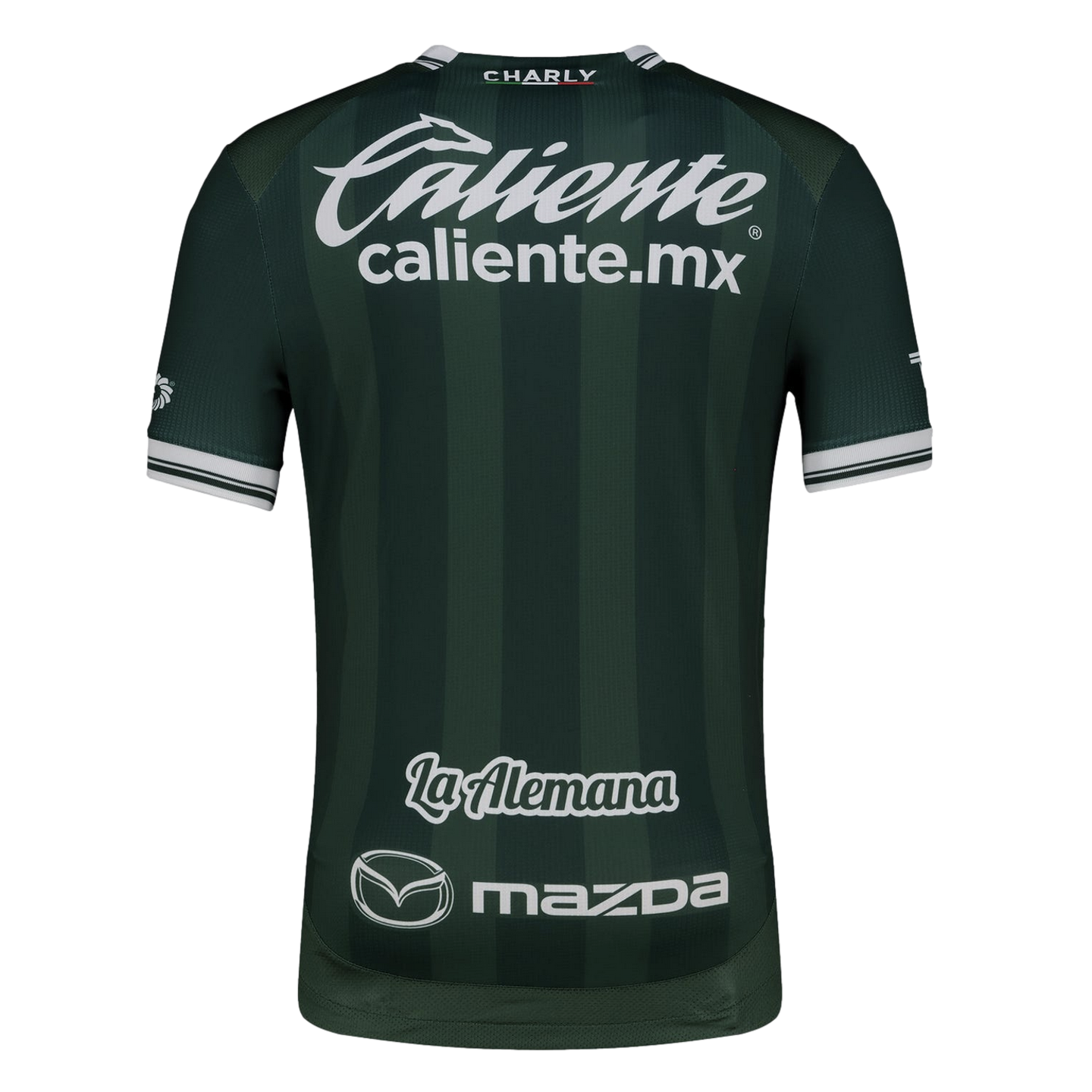 Back view of a dark green striped soccer jersey with white sponsor logos: Charly, Caliente.mx, La Alemana, and Mazda.