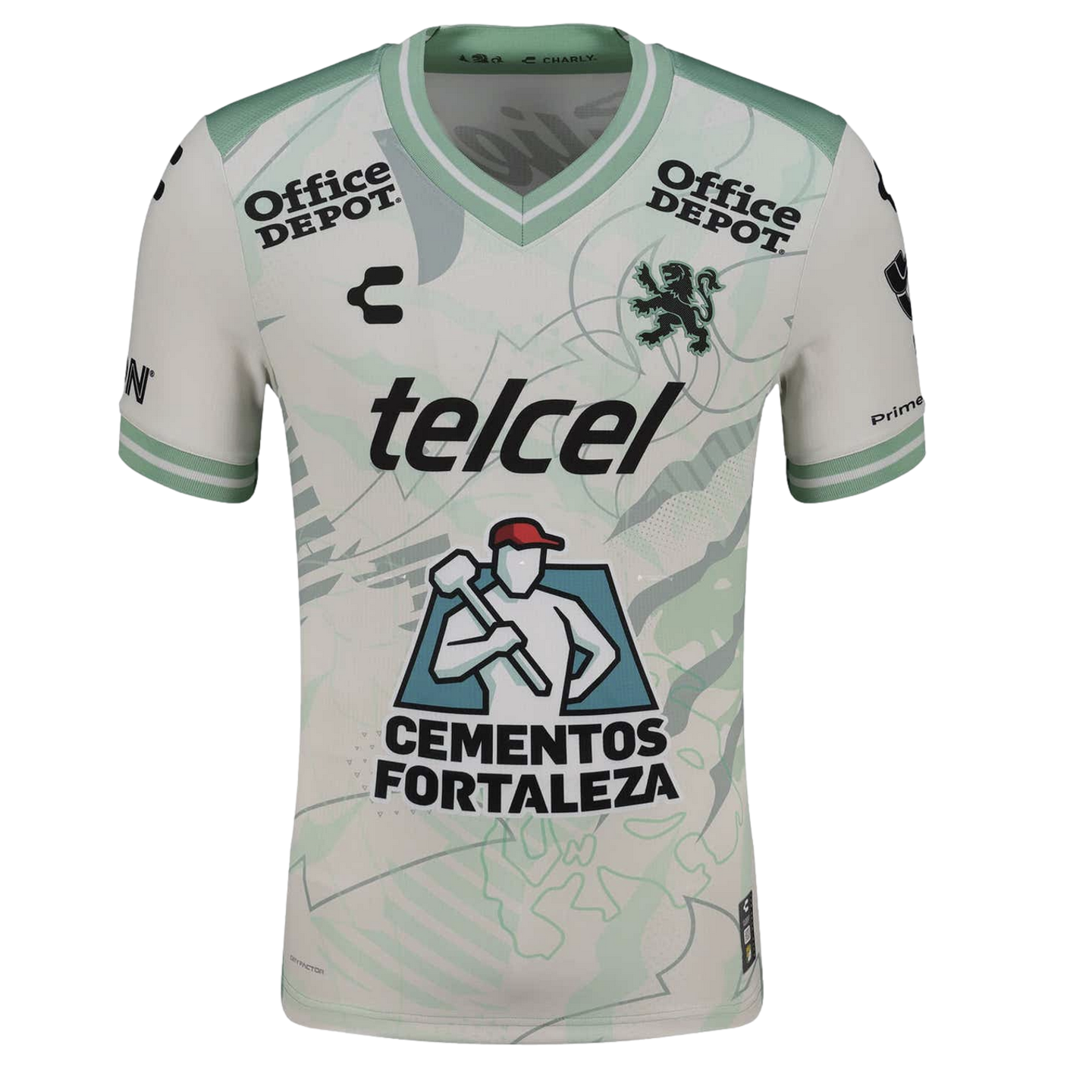 Front view of a white and pale green Club León soccer jersey featuring the Telcel and Cementos Fortaleza sponsor logos.