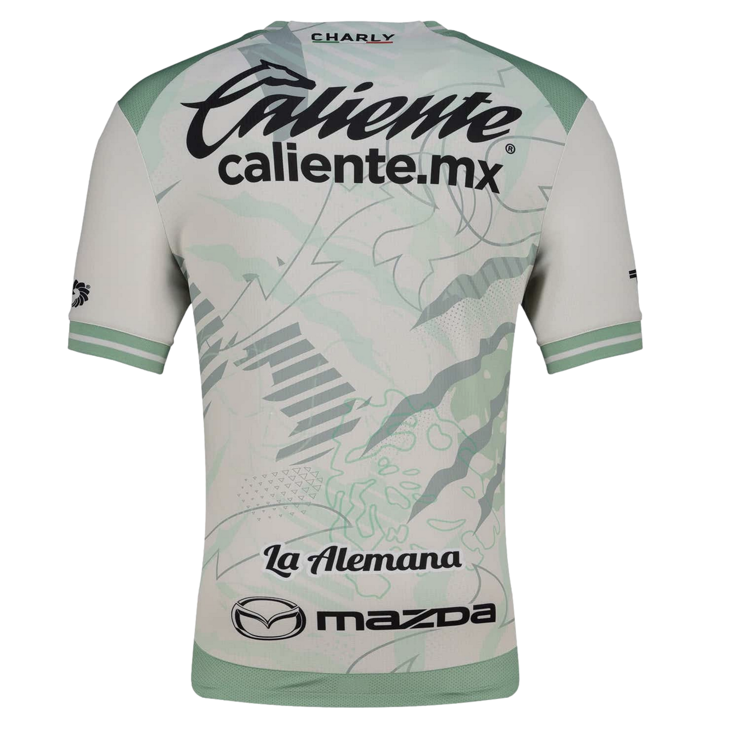 Back view of a light green patterned soccer jersey with black sponsor logos including Caliente and Mazda.