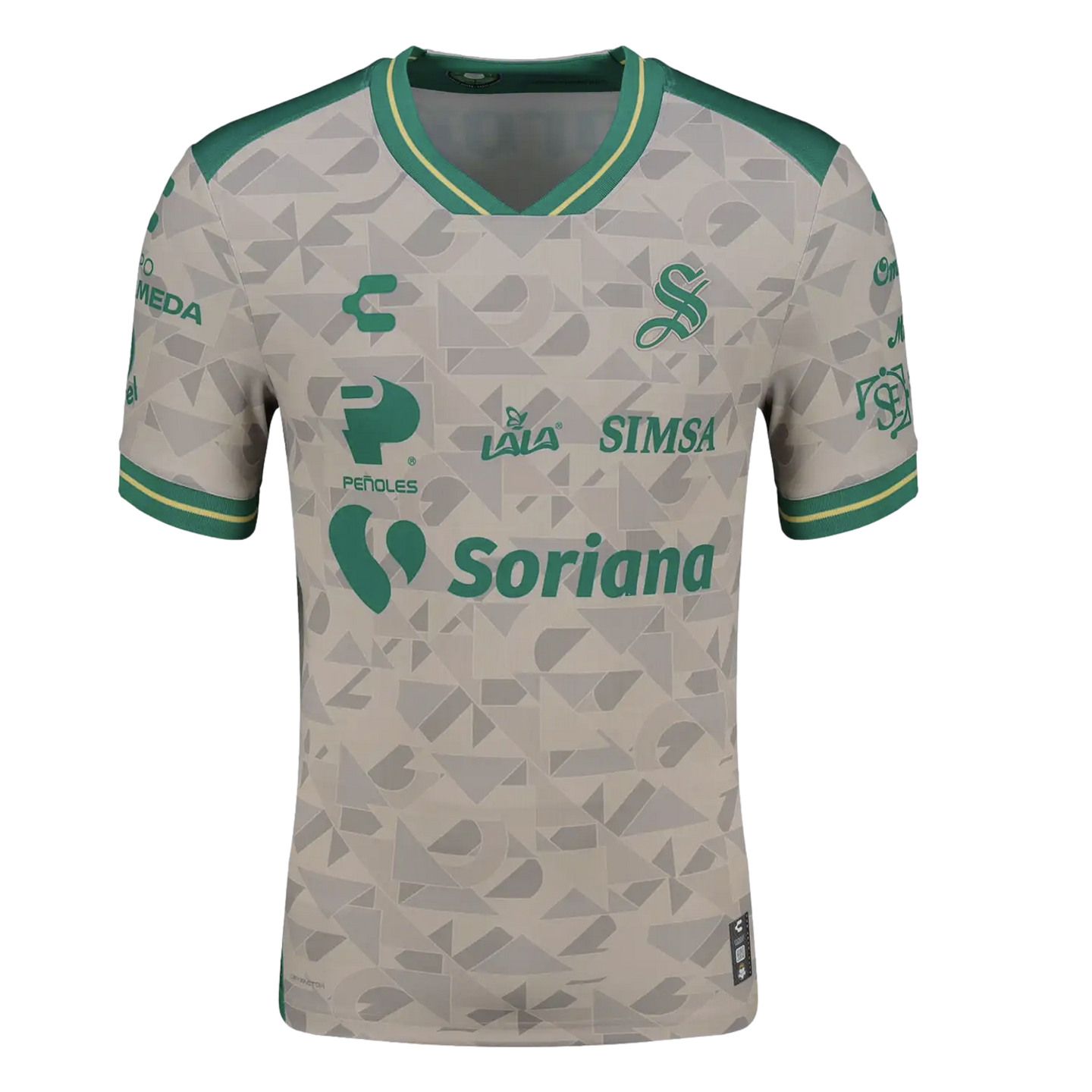 A light gray soccer jersey with a tonal geometric pattern, green and yellow trim, and green sponsor logos including Soriana.