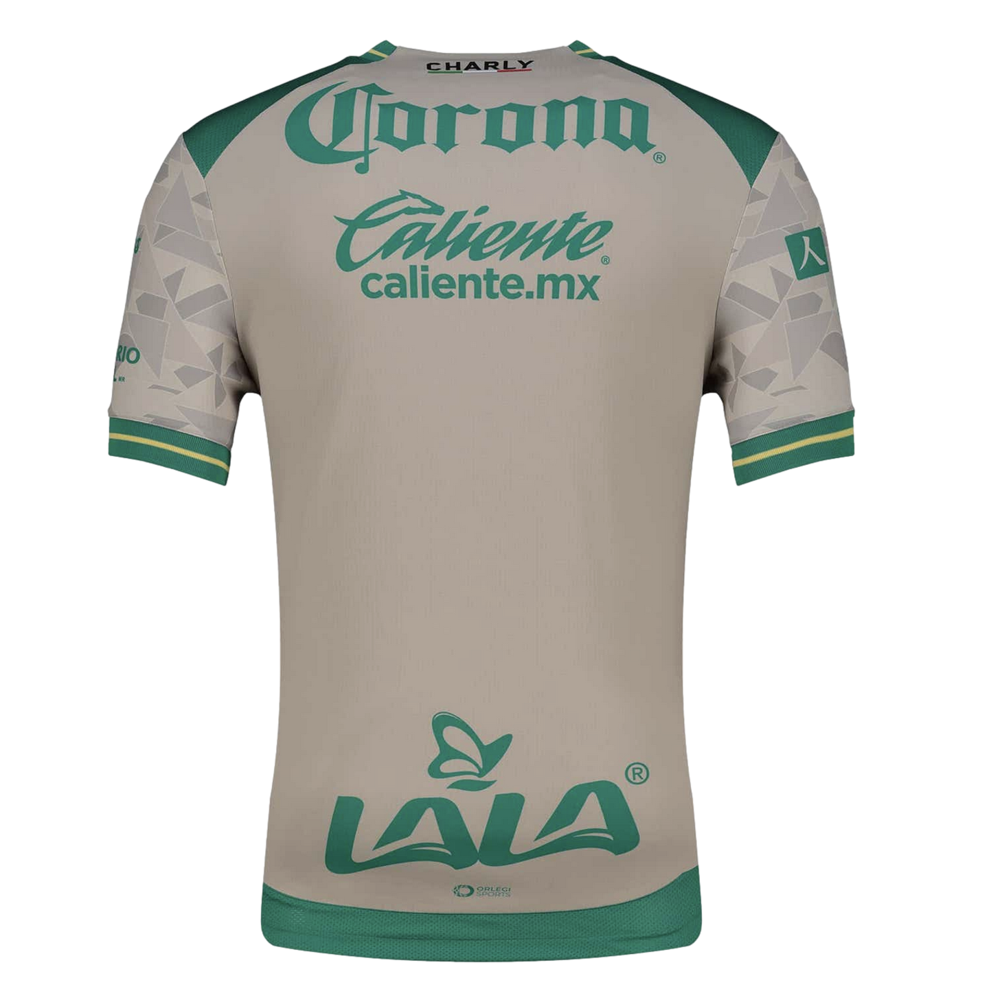 Back of a beige Charly soccer jersey with green and yellow trim. Features prominent logos for Corona, Caliente, and Lala, along with a geometric pattern on the sleeves.