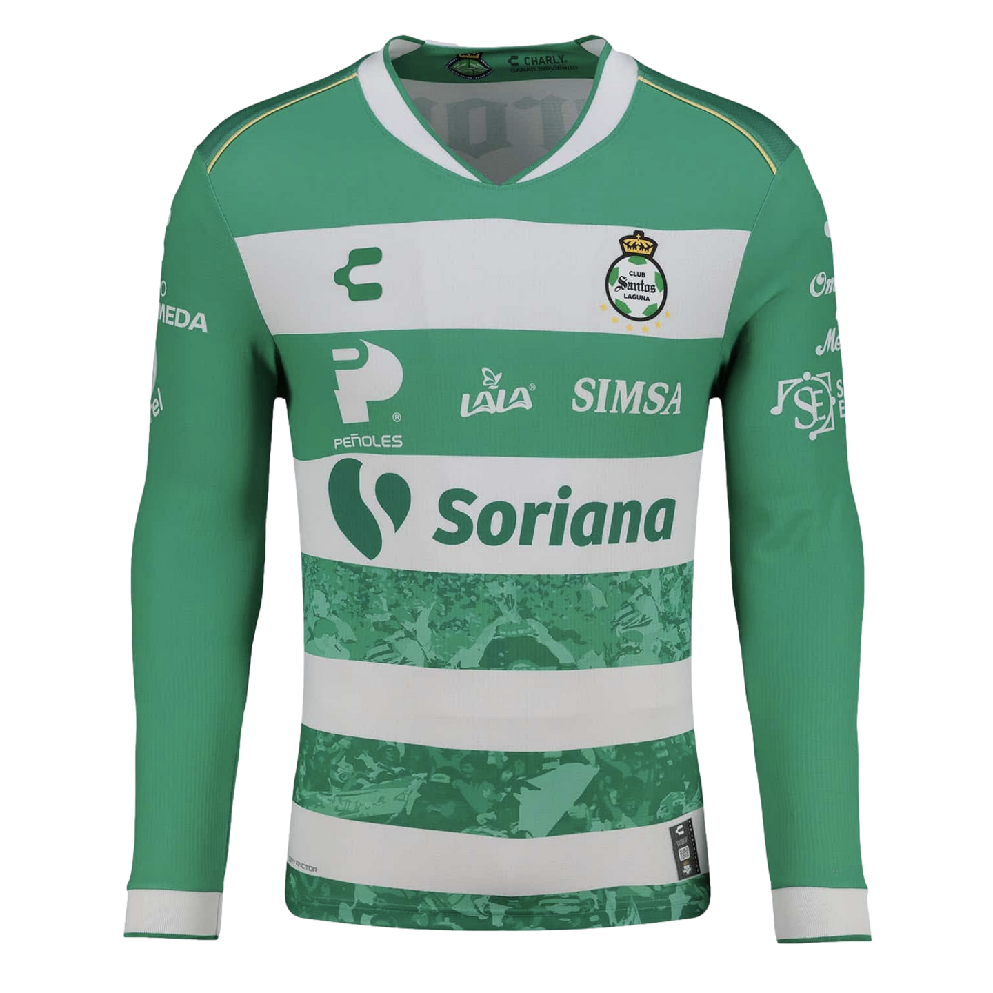 Long-sleeved Santos Laguna soccer jersey with green and white horizontal stripes, featuring the team crest and multiple sponsor logos including Soriana.