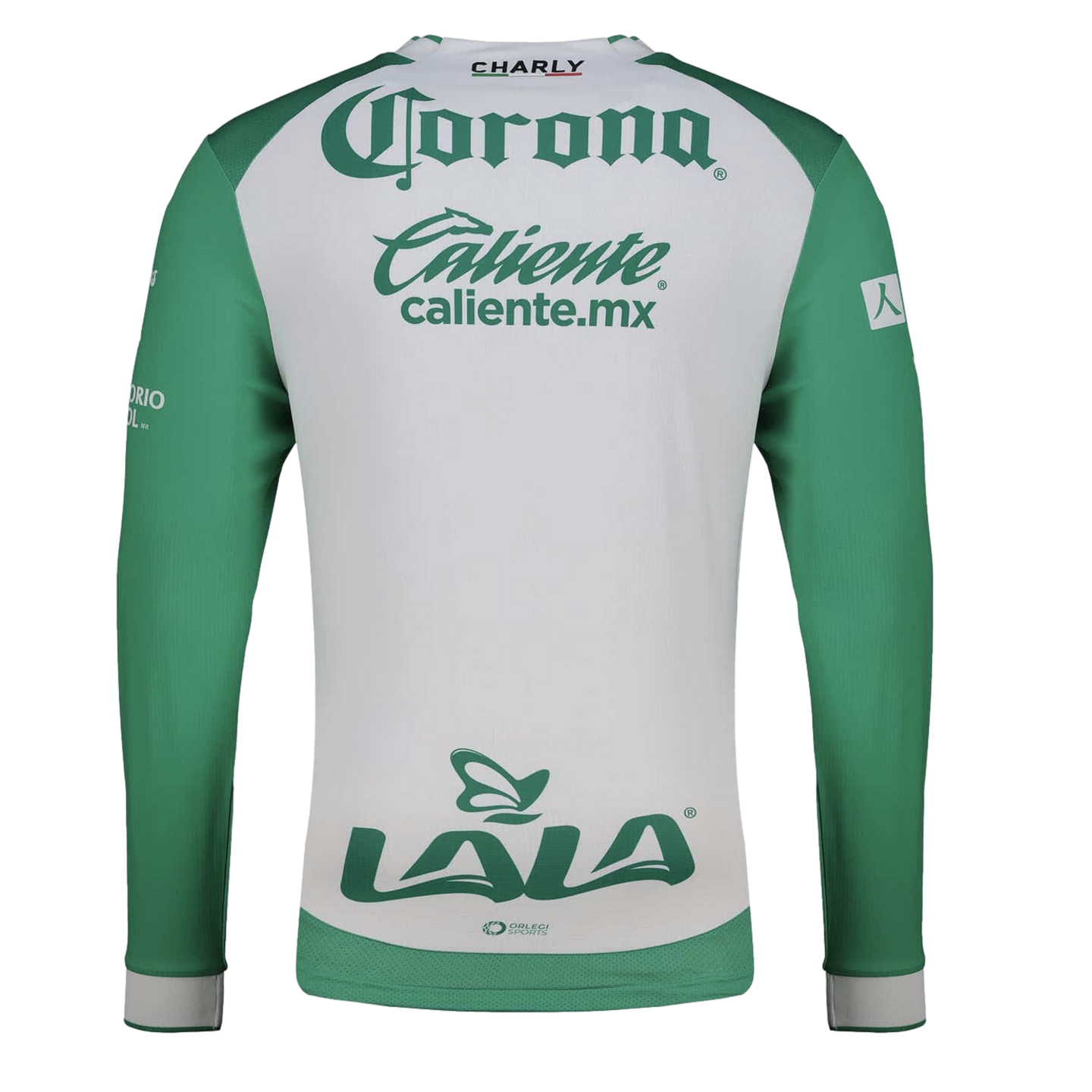 Back of a long-sleeved Charly soccer jersey. White central panel with green sleeves. Green sponsor logos include Corona, Caliente, and Lala.
