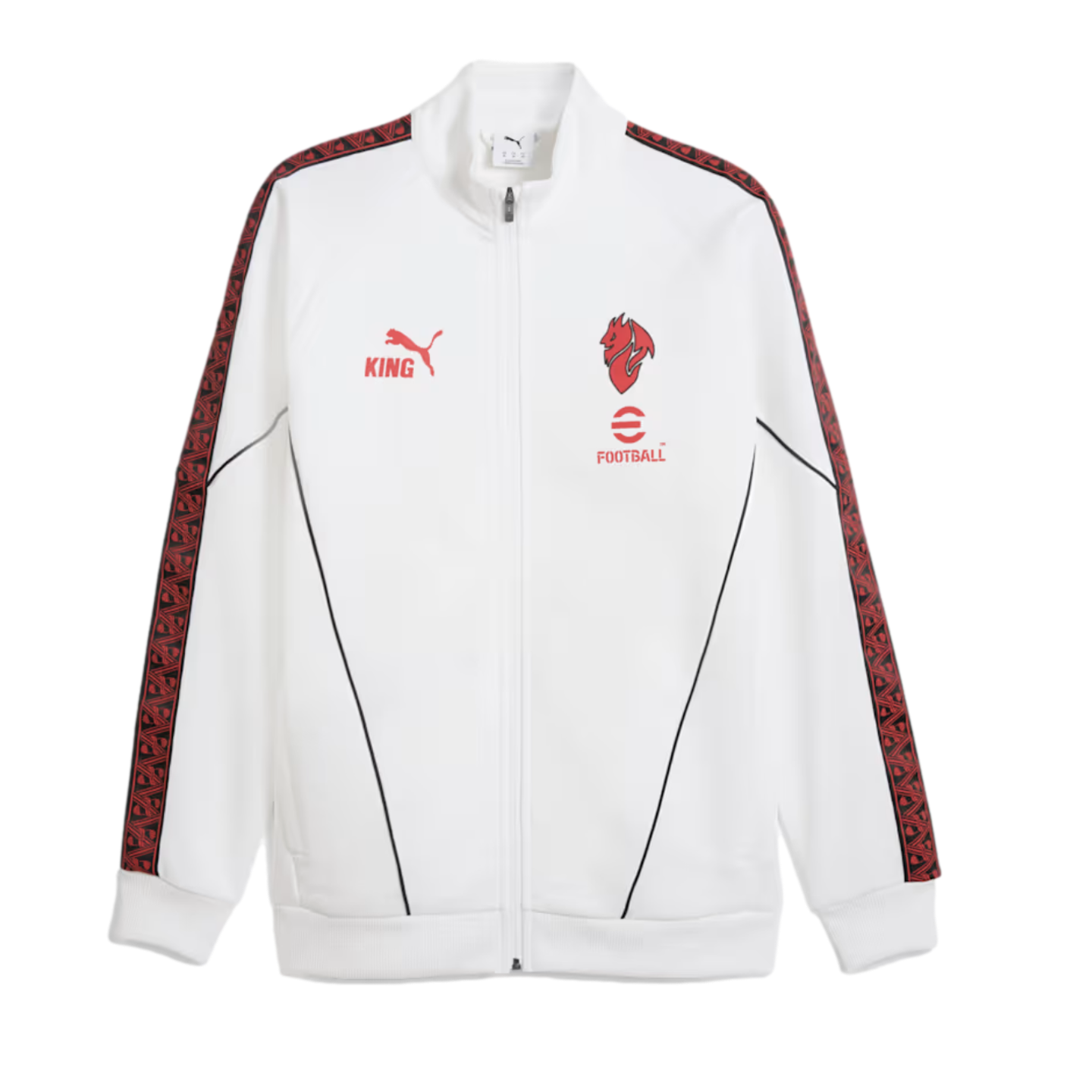 White Puma zip-up track jacket with red logos on the chest and patterned red stripes down the sleeves. Thin black lines detail the front.