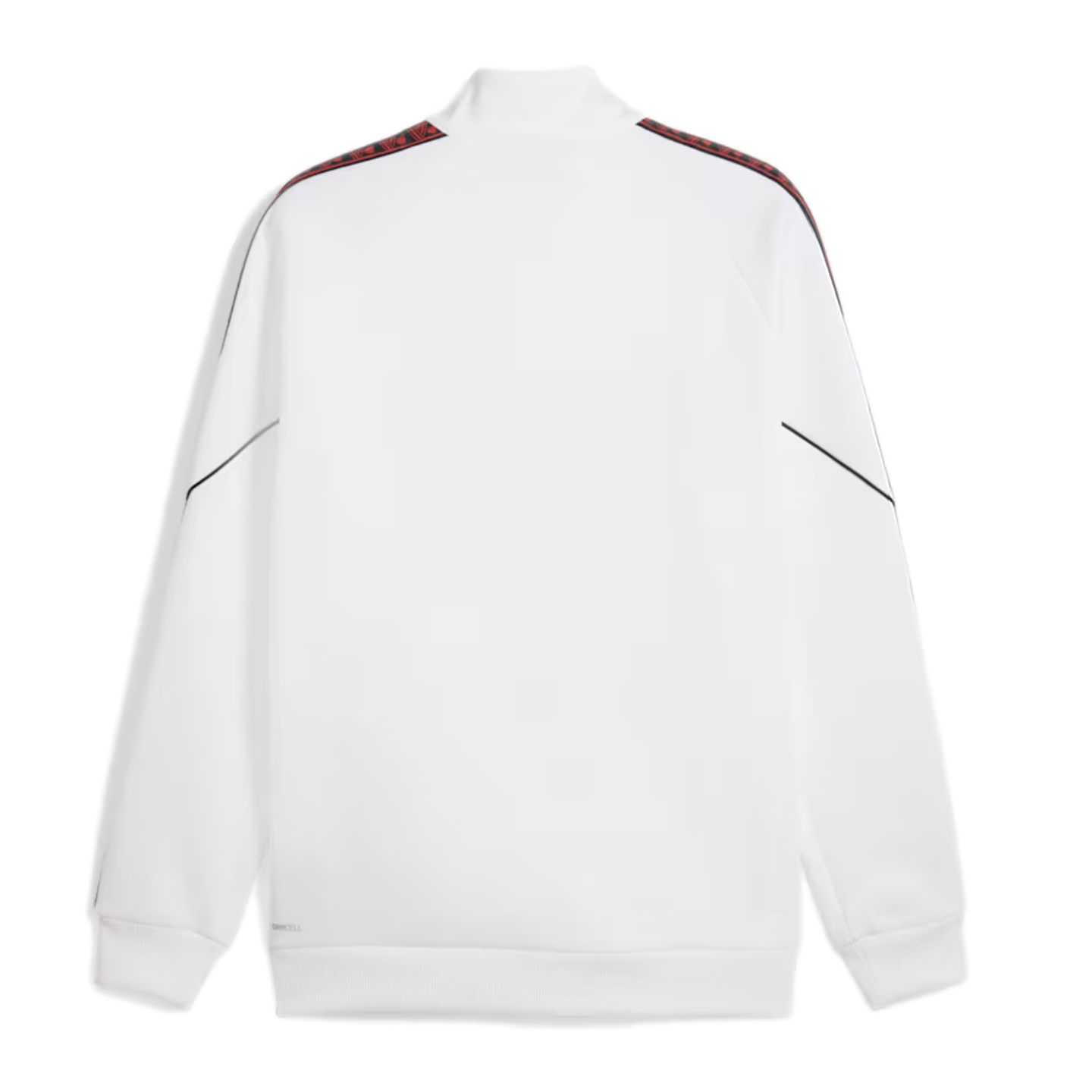 Back view of a white track jacket with a stand-up collar and ribbed trim. Black and red patterned stripes run across the shoulders and down the sleeves.