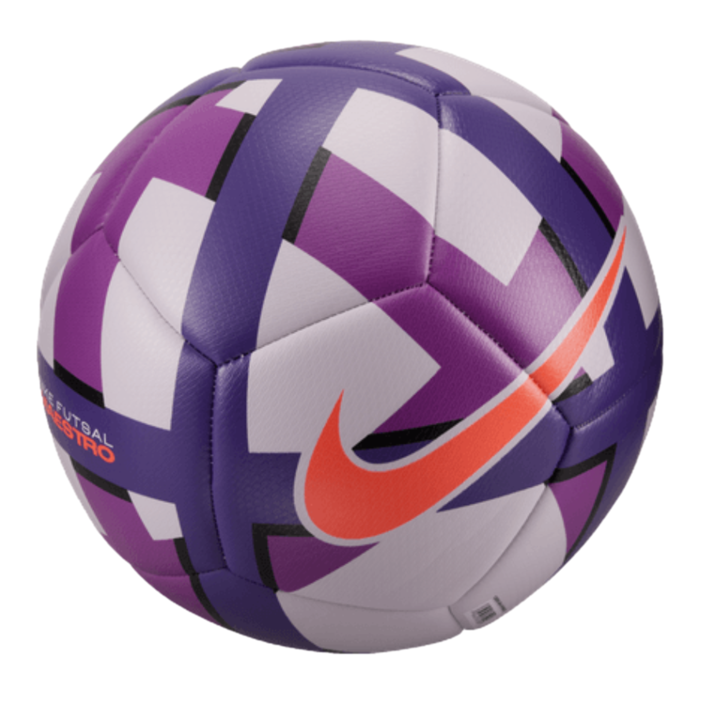 Nike Futsal Maestro soccer ball featuring a purple and white geometric pattern and a vibrant orange Nike swoosh logo.
