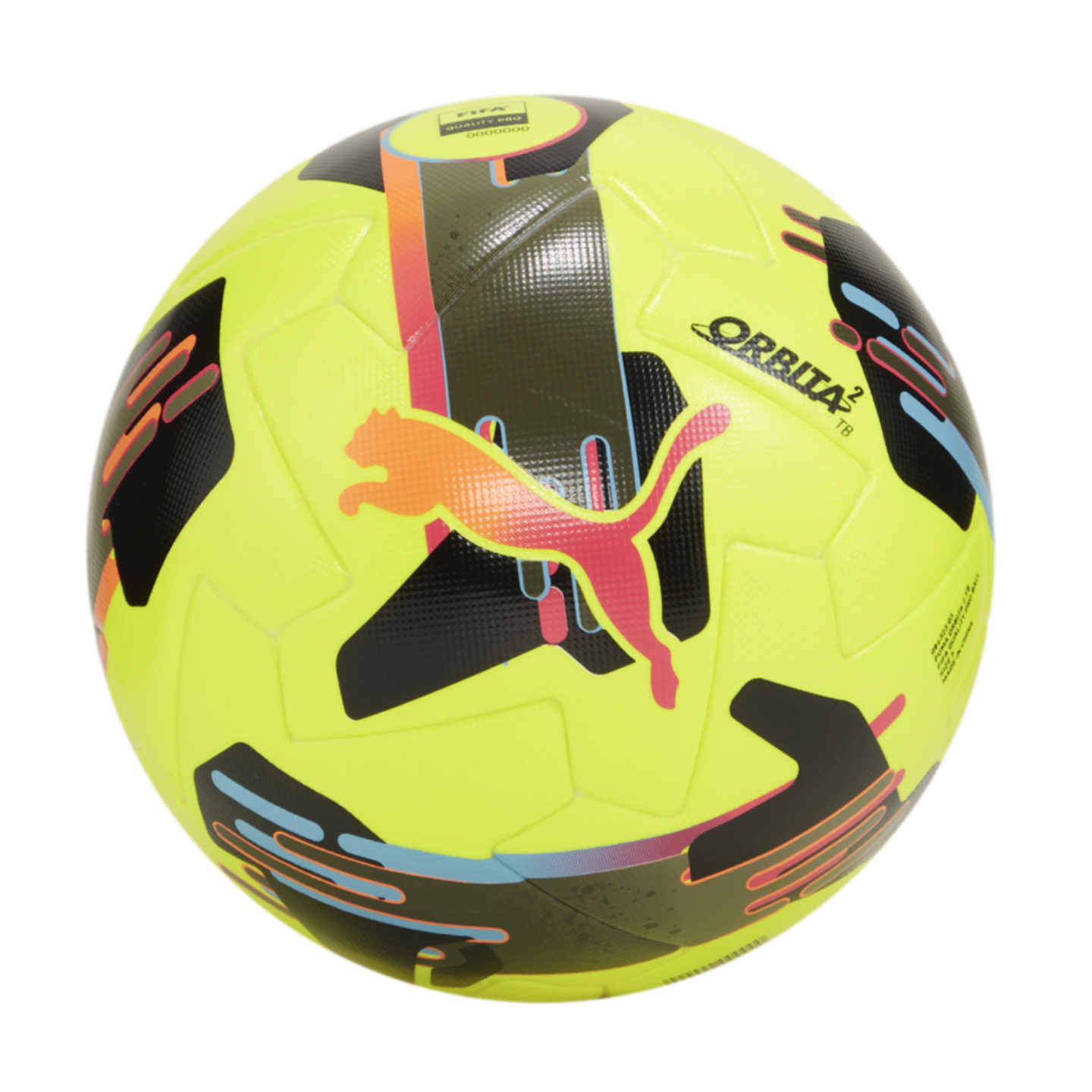 A neon yellow Puma soccer ball with black geometric designs, an orange and pink leaping cat logo, and 'ORBITA 2 TB' text against a black background.