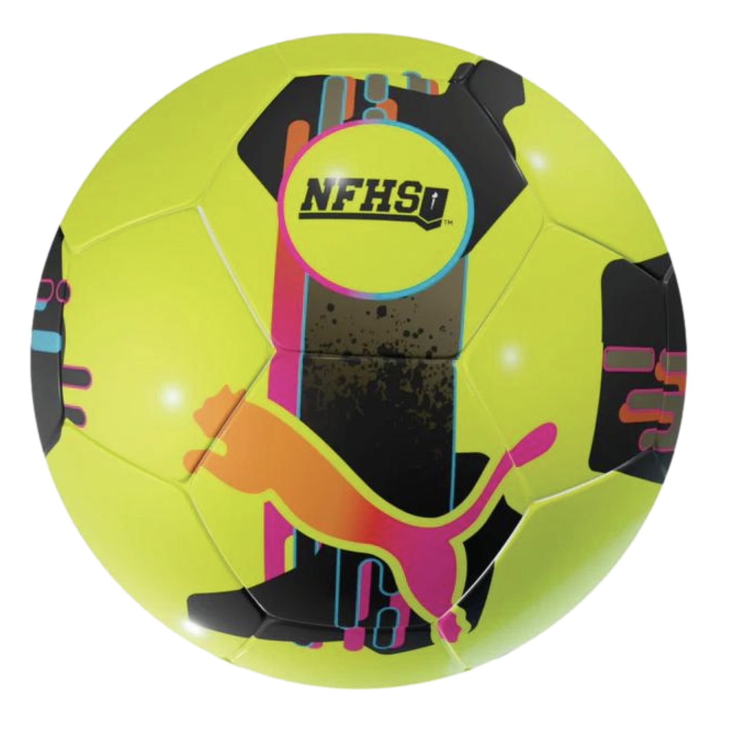 A bright neon yellow Puma soccer ball featuring a gradient-colored Puma logo, NFHS branding, and bold black and pink abstract graphics.