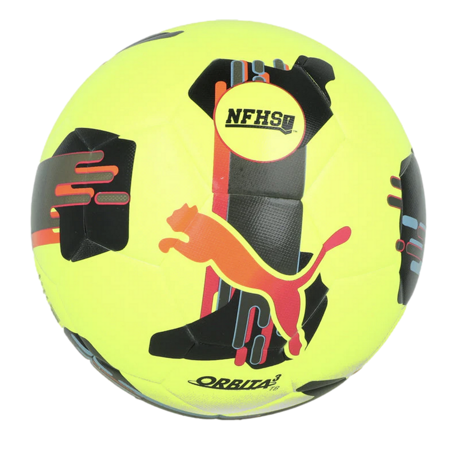 Lime-yellow Puma Orbita soccer ball with black abstract graphics, an orange gradient Puma cat logo, and an NFHS stamp, set against a black background.