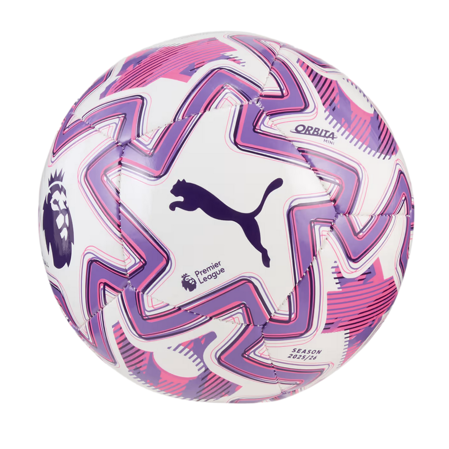 A white Puma soccer ball for the 2025/26 Premier League season, featuring purple and pink geometric patterns, the leaping cat logo, and the league crest.