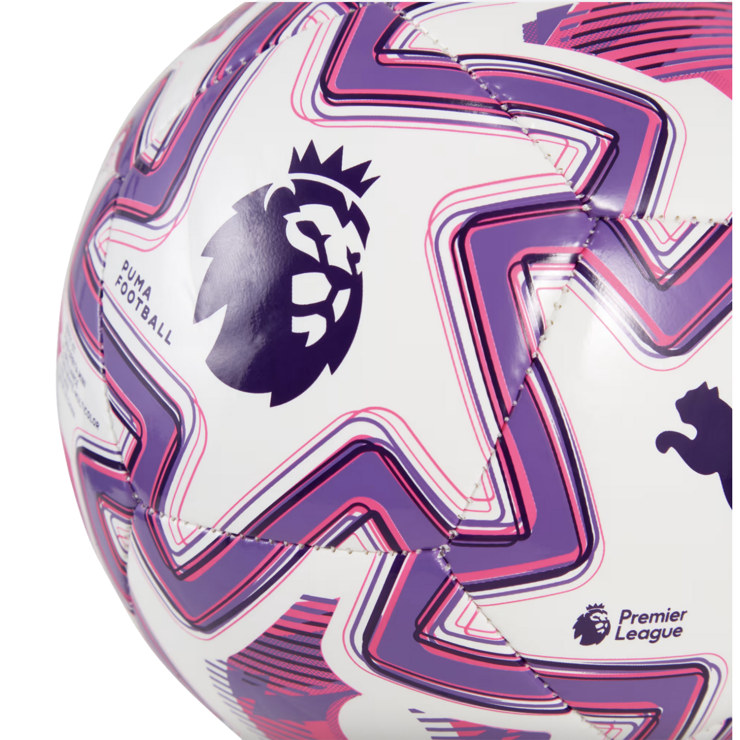 Close-up of a white soccer ball featuring purple and pink geometric patterns, the Premier League lion logo, and "PUMA FOOTBALL" text.