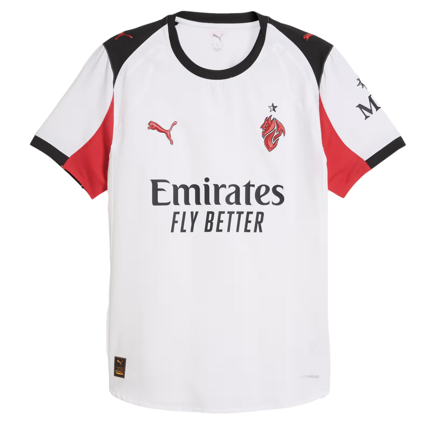 White Puma AC Milan away football jersey with red and black accents, featuring "Emirates FLY BETTER" sponsor and AC Milan crest.