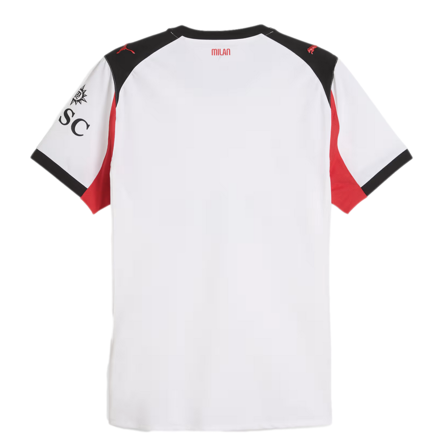Back view of a white AC Milan soccer jersey with black and red accents on the shoulders and sleeves, and "MILAN" printed on the upper back.