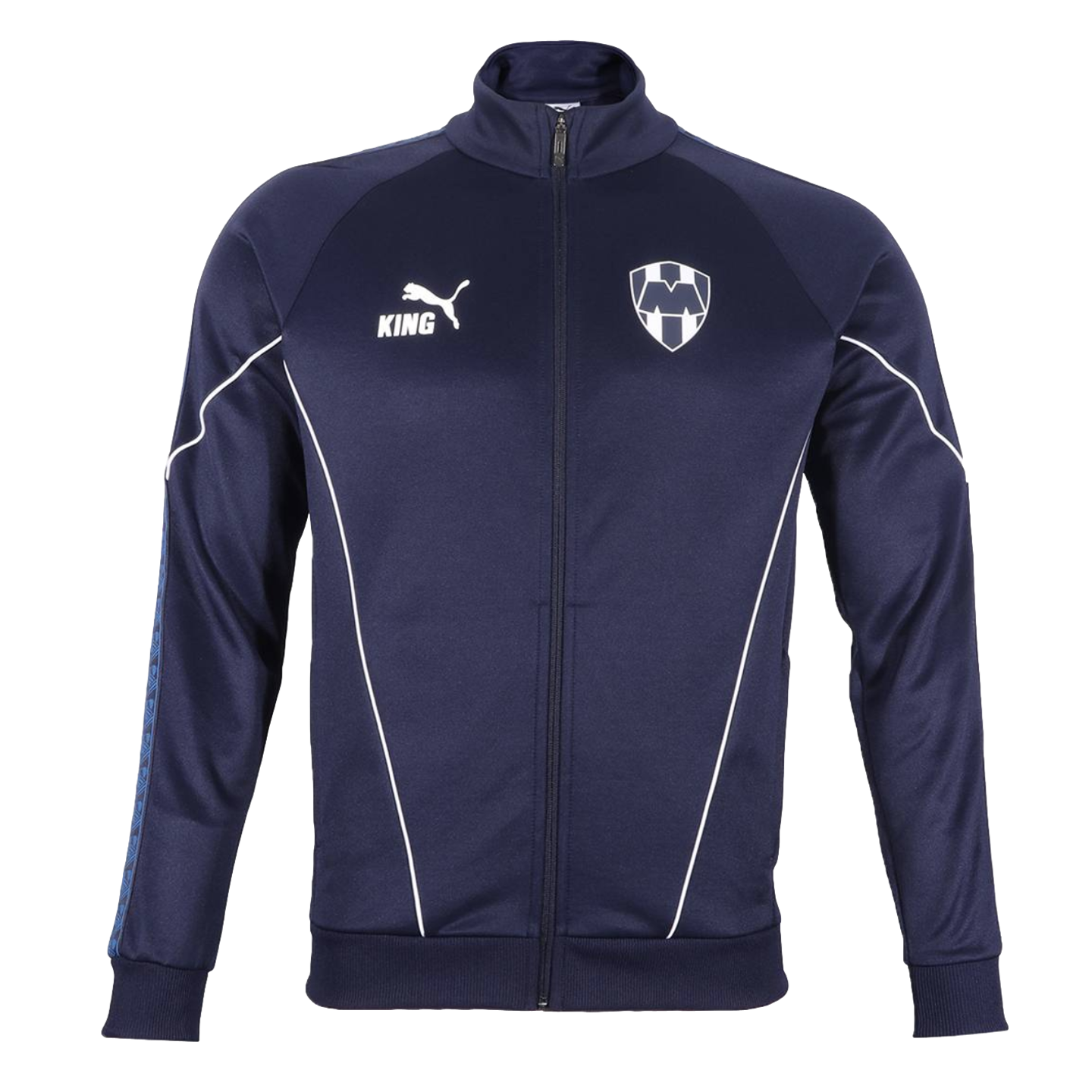 Navy blue Puma "KING" track jacket featuring the CF Monterrey soccer team crest, white piping accents, and a full-length zipper.