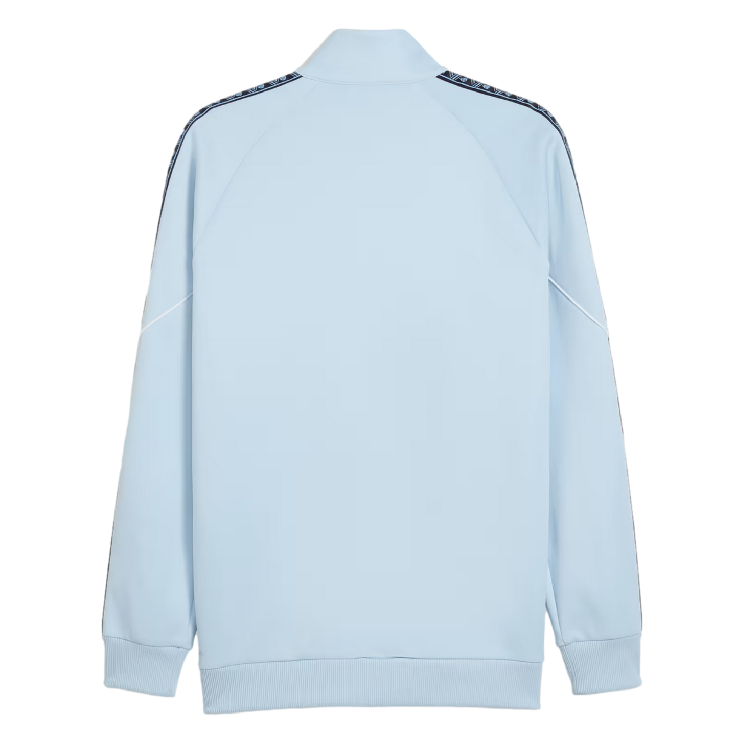 Back view of a light blue tracksuit jacket with dark patterned taping along the shoulders and sleeves, ribbed hem and cuffs, set against a black background.