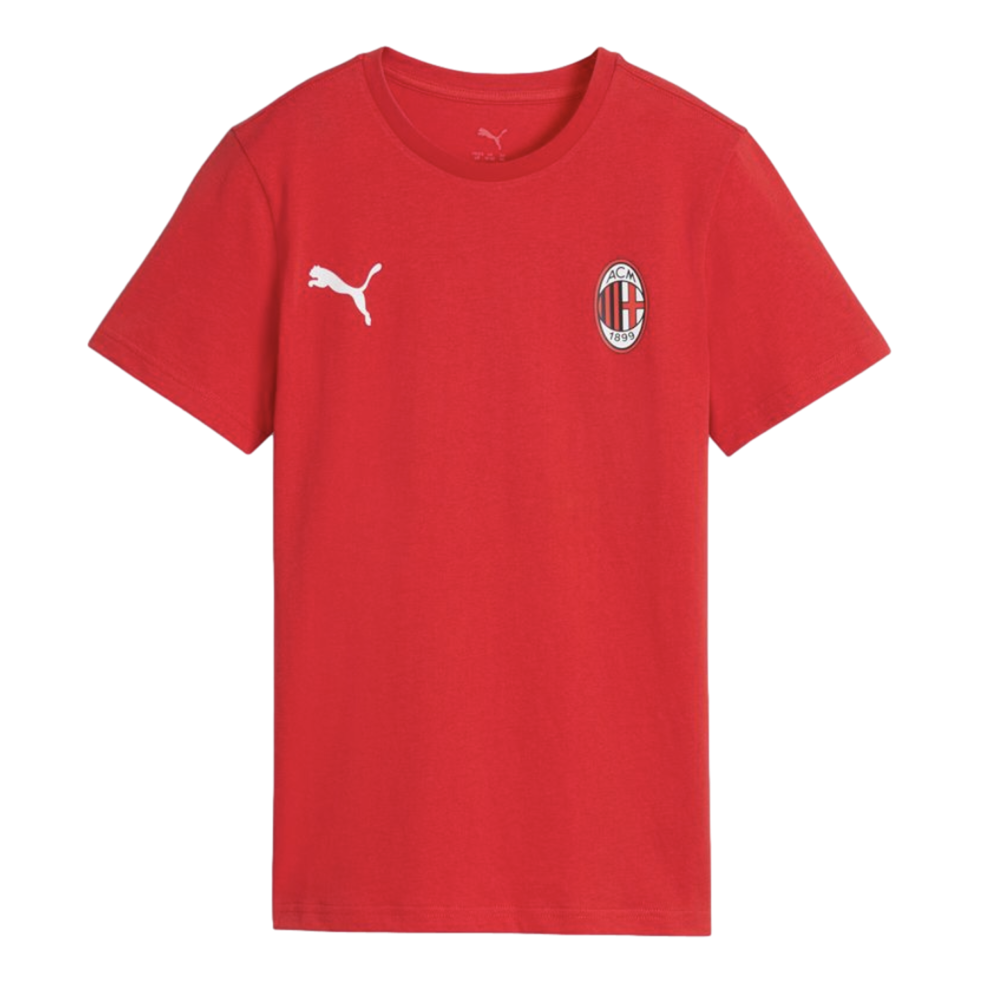 A red short-sleeved t-shirt featuring a white Puma cat logo on the right chest and the AC Milan team crest on the left chest.