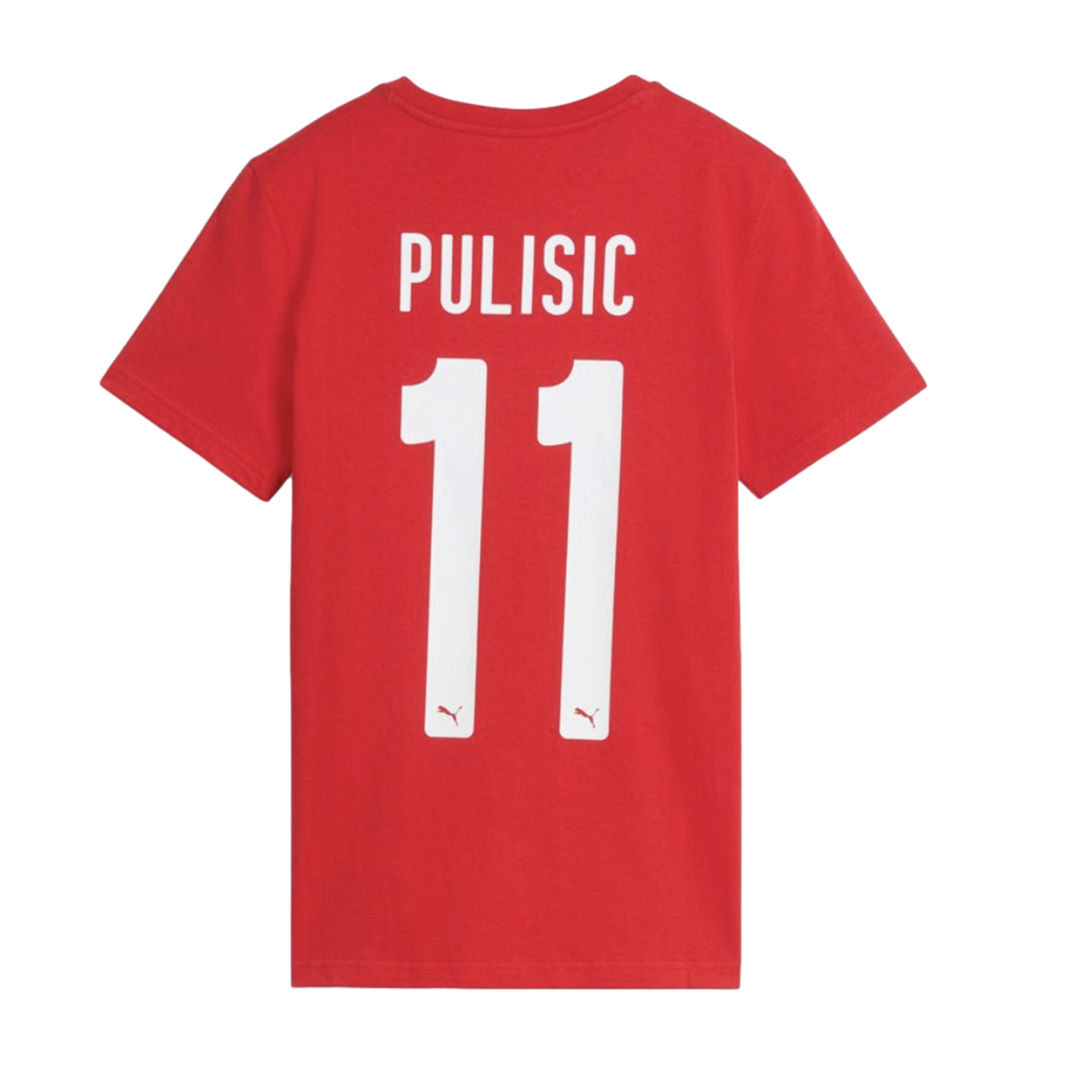 Back of a red Puma soccer jersey with the name "PULISIC" and the number "11" printed in white.