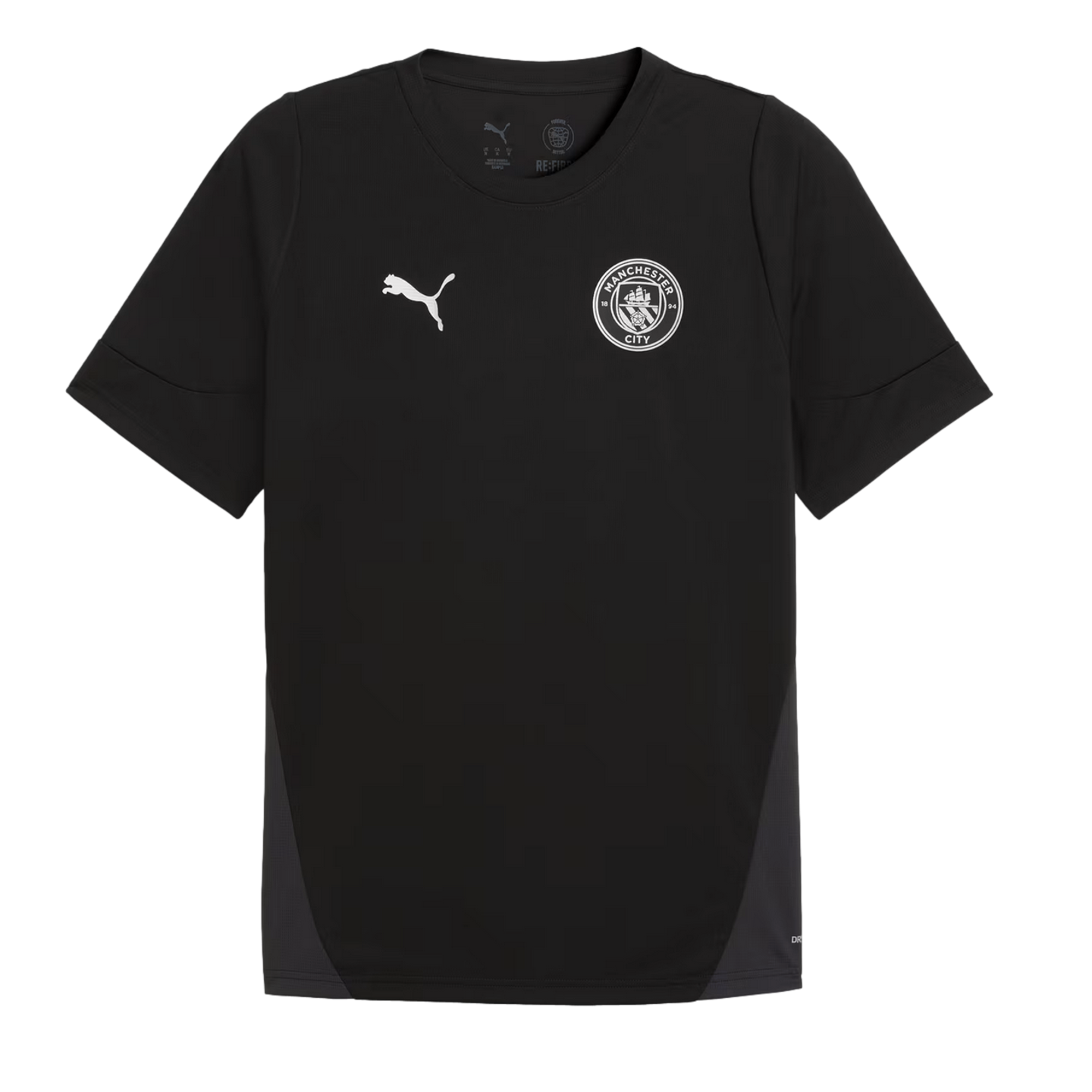 A black short-sleeved t-shirt featuring a white Puma logo and a Manchester City FC crest on the chest.