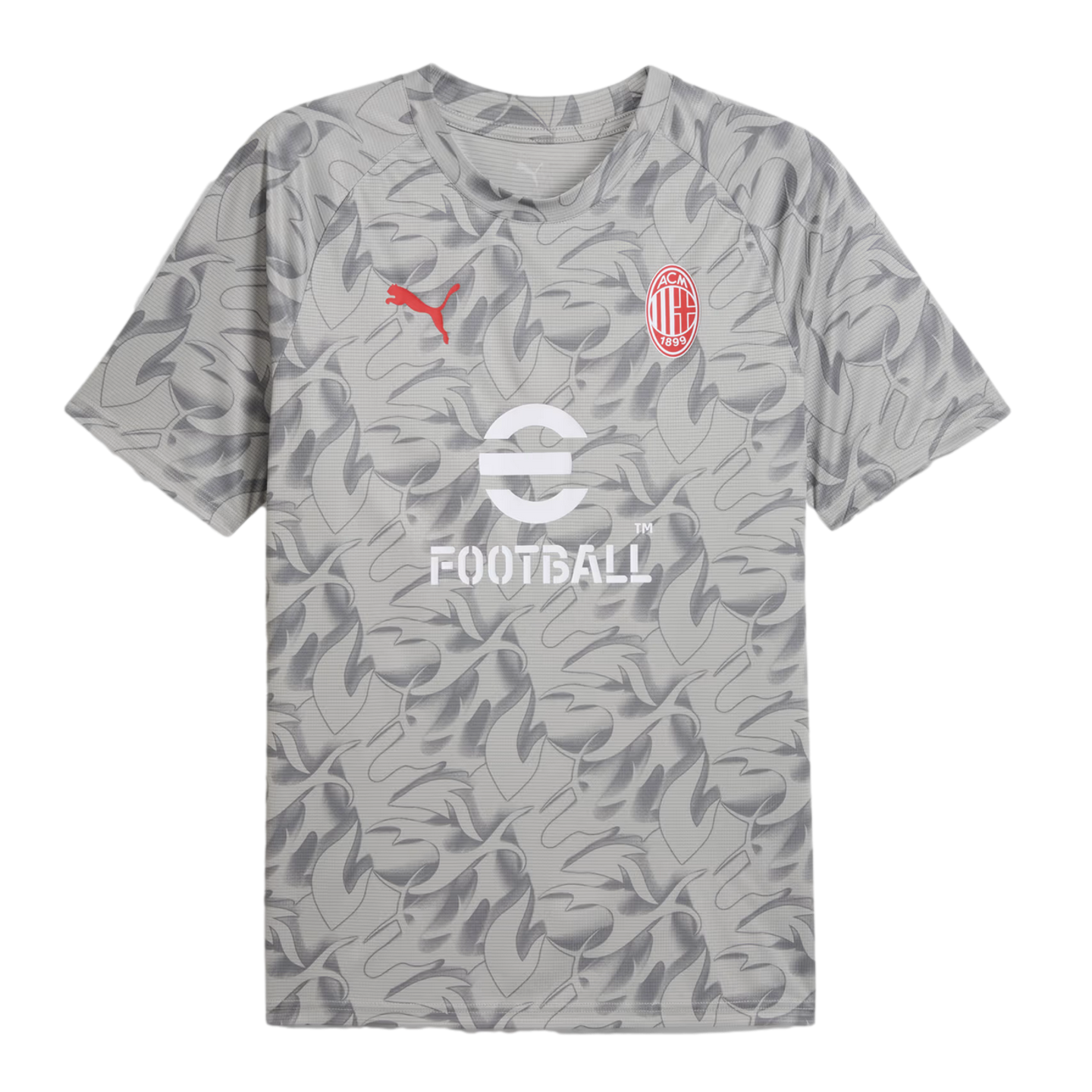 Grey Puma AC Milan training jersey featuring an all-over tonal pattern, red Puma logo, club crest, and white eFootball sponsor logo.