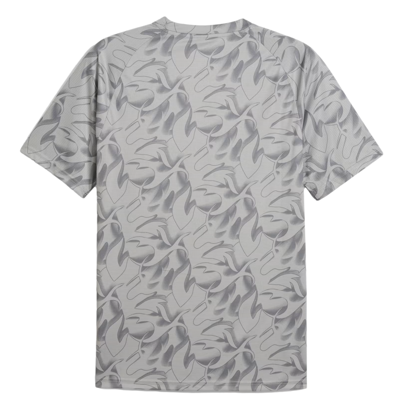 Back view of a light gray short-sleeved t-shirt with an all-over abstract leaf pattern, shown against a black background.