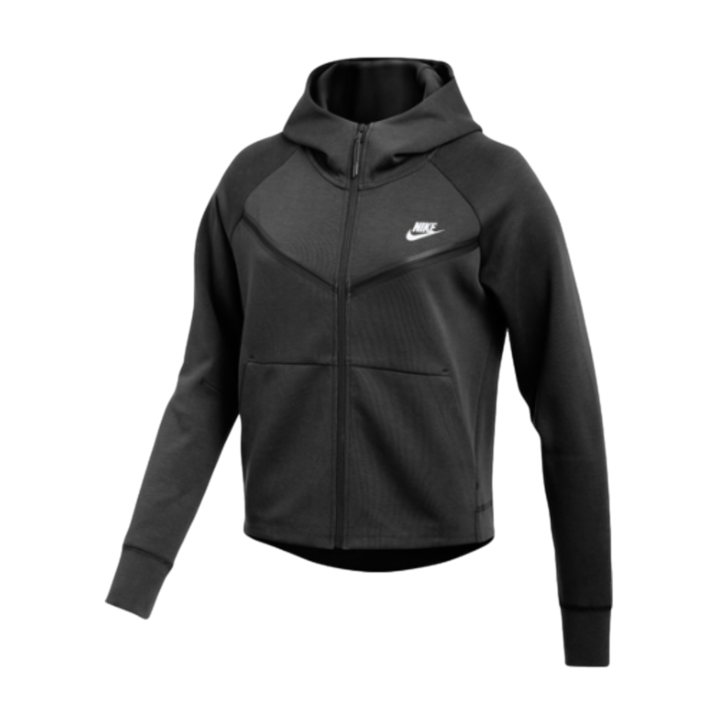 Black Nike full-zip hoodie with a white swoosh logo on the chest, featuring a hood and athletic fit.