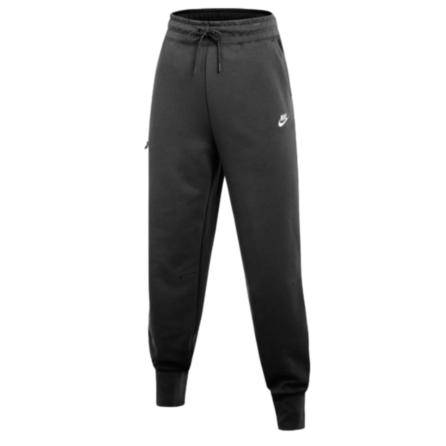 A pair of black Nike joggers featuring a drawstring waist, cuffed ankles, and a small white Nike logo on the upper left leg.