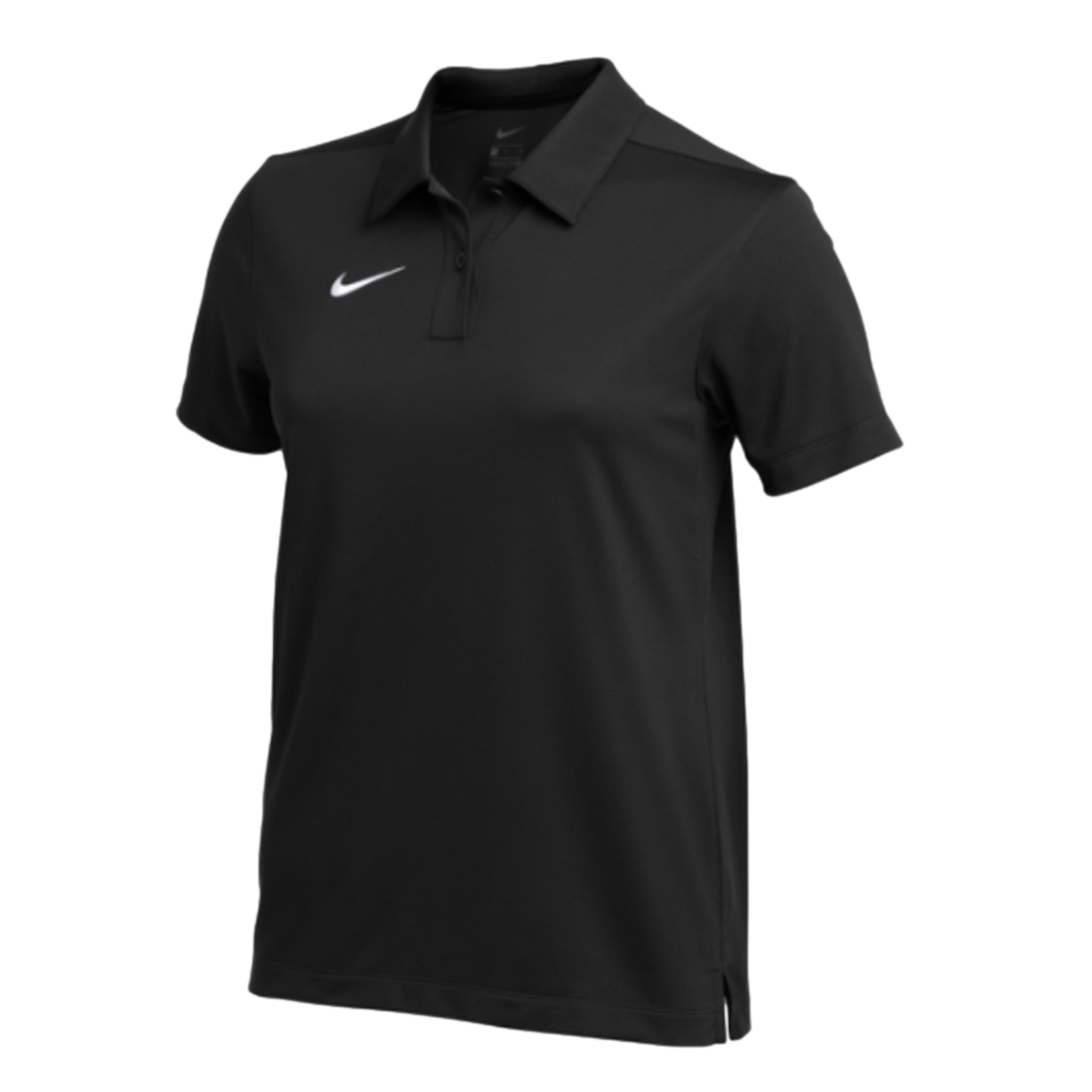 A black Nike short-sleeved polo shirt with a white swoosh logo on the left chest.