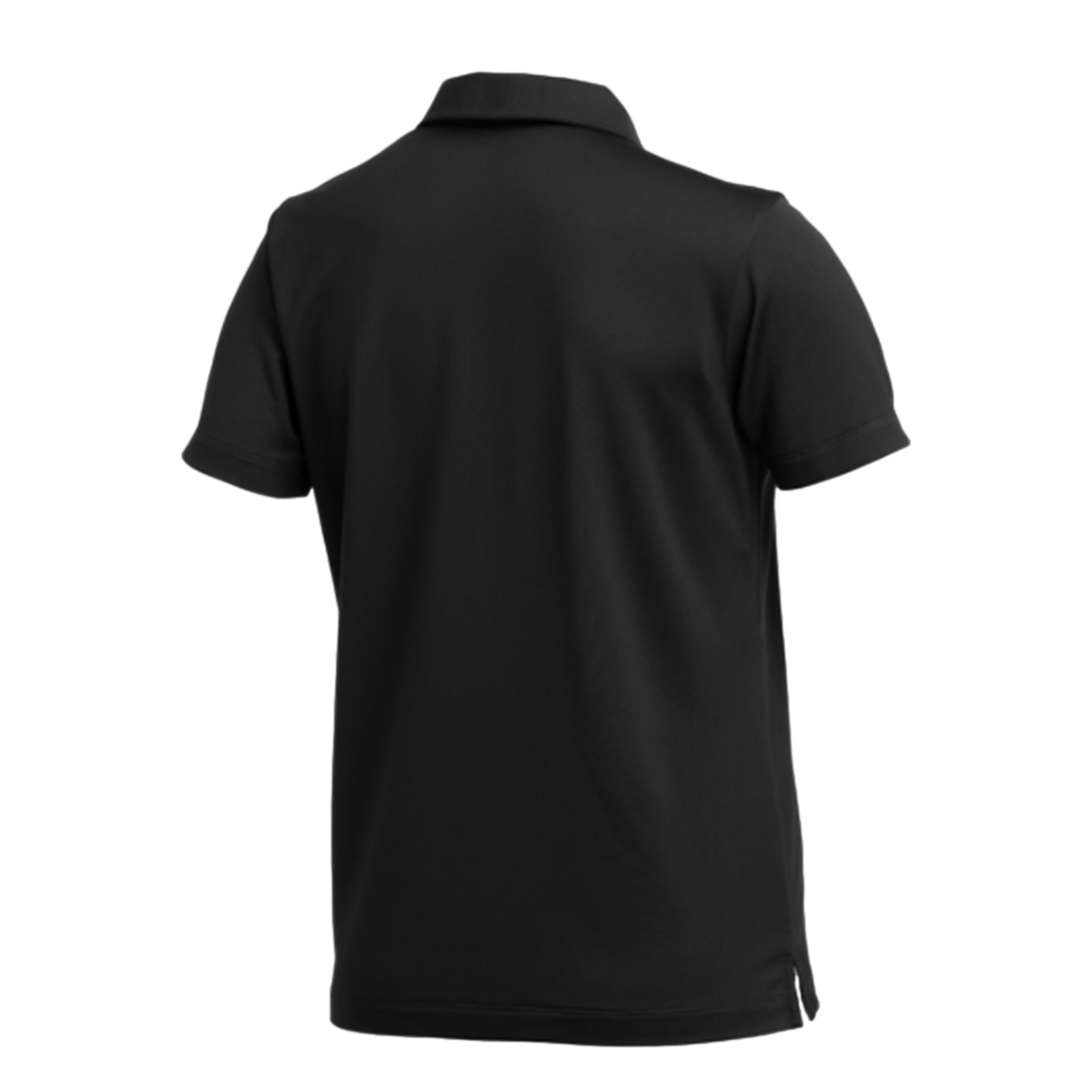 Rear view of a solid black short-sleeved polo shirt with a classic collar and side vents at the hem.