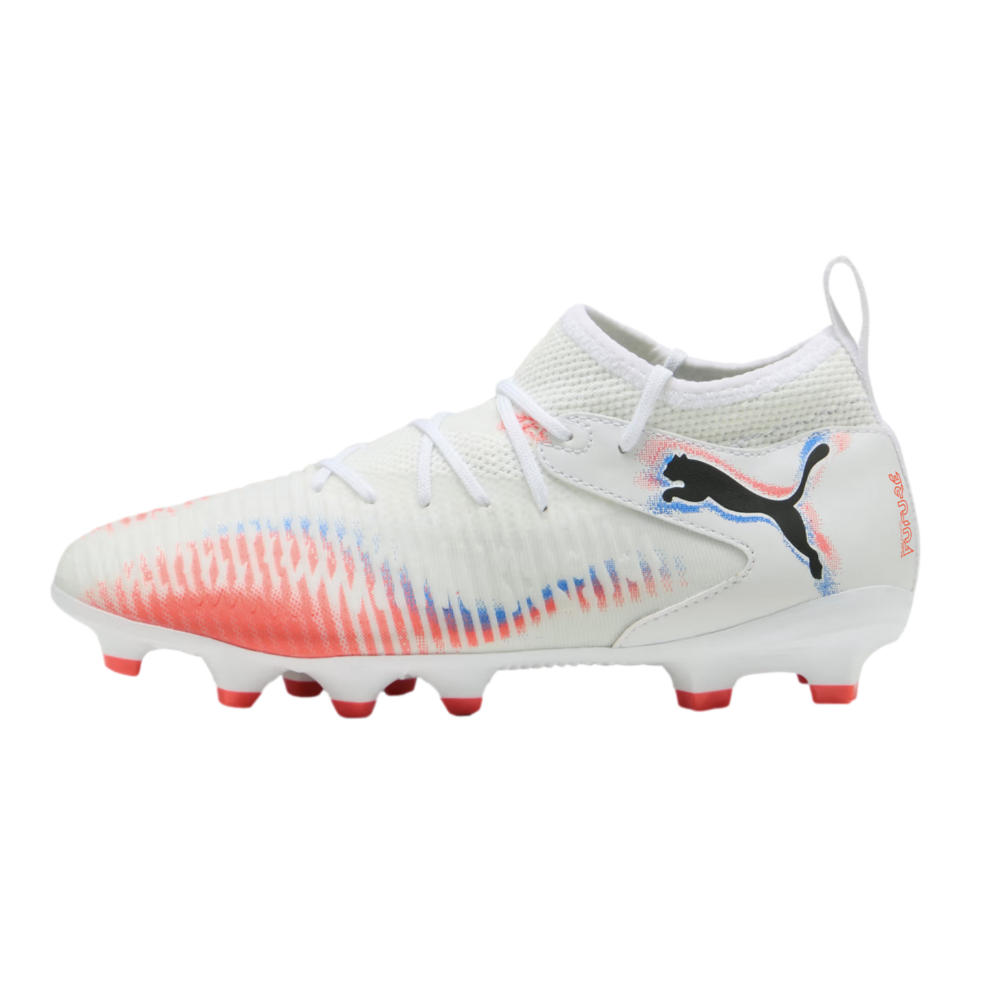 Side profile of a white Puma soccer cleat with blue and orange accents, a textured upper, and a black cat logo.