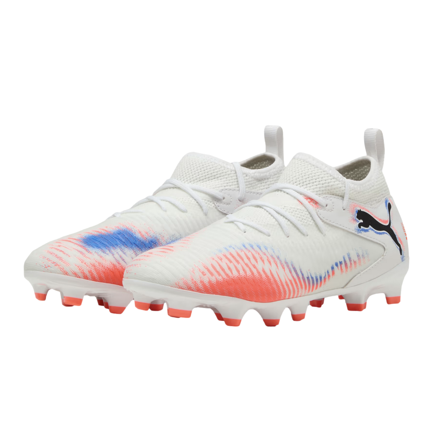 White Puma soccer cleats with red and blue graphic details and orange-tipped studs, shown against a solid black background.