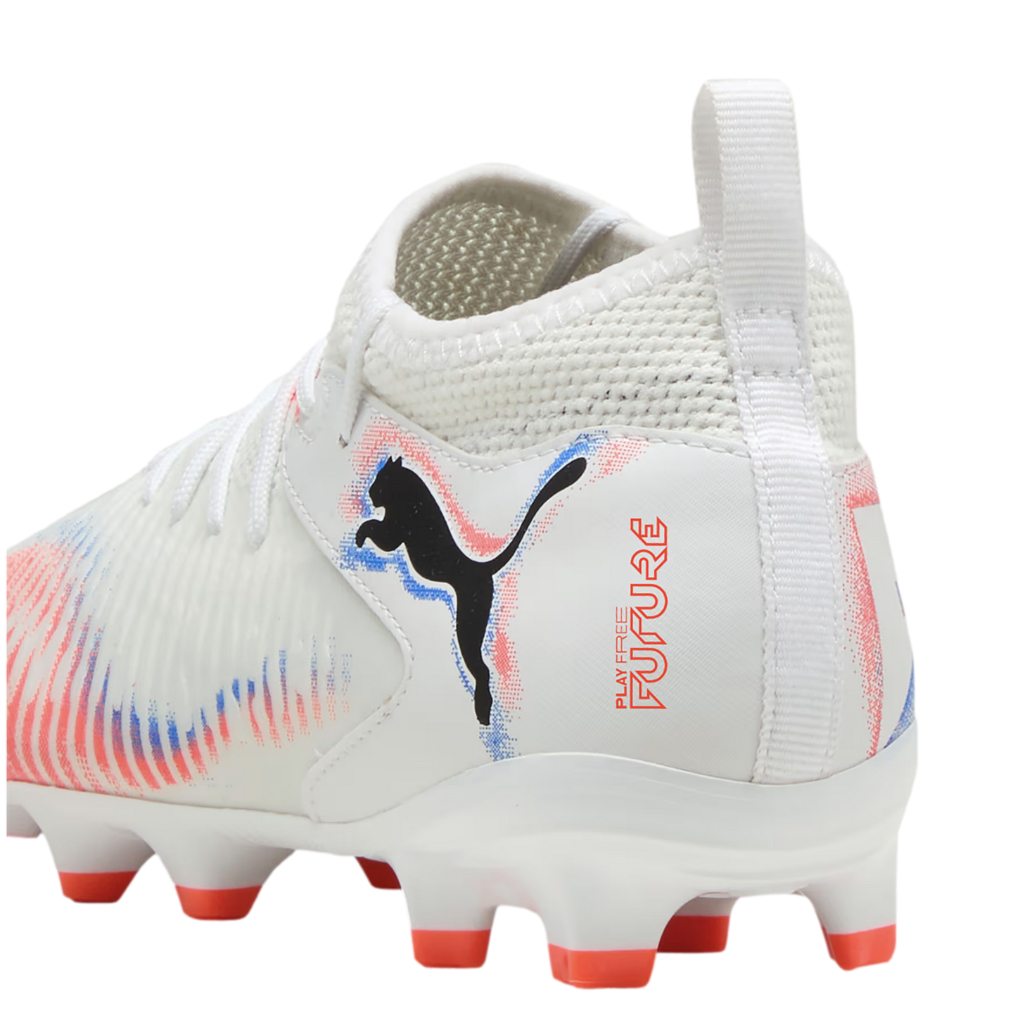 Rear side view of a white Puma Future soccer cleat featuring red and blue accents, a black jumping cat logo, and a white knit collar against a black background.