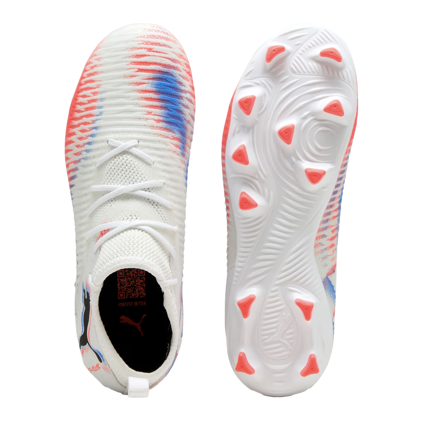 Top and bottom view of white Puma soccer cleats featuring red and blue textured patterns and bright orange studs.