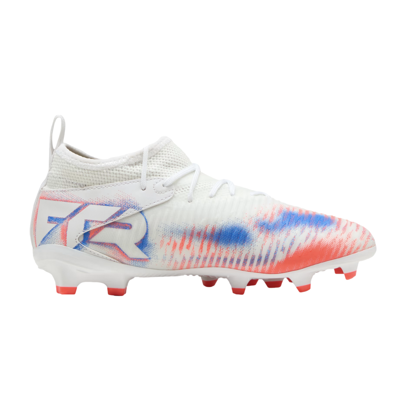 A white soccer cleat with red and blue graphic designs and "FTR" branding on the heel, shown in profile against a black background.
