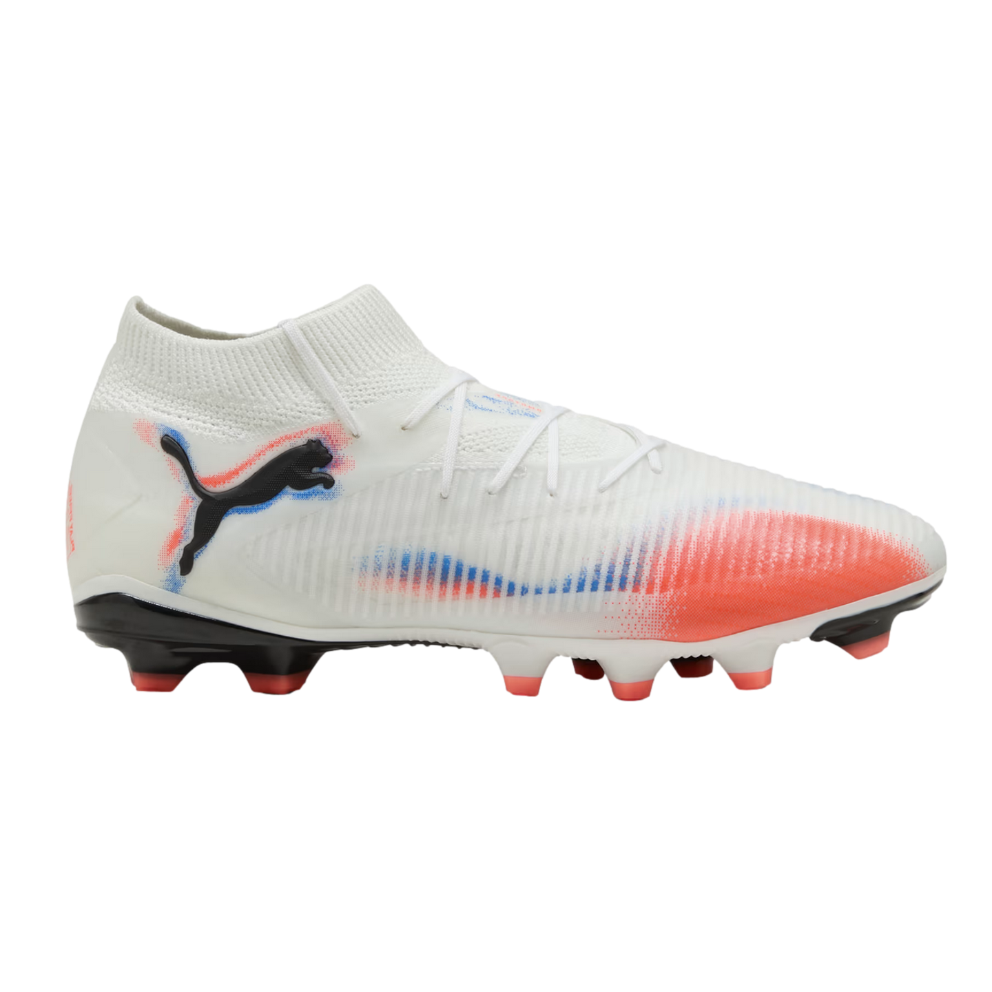 White Puma soccer cleat featuring a black cat logo, red and blue gradient accents, a knit collar, and red studs.
