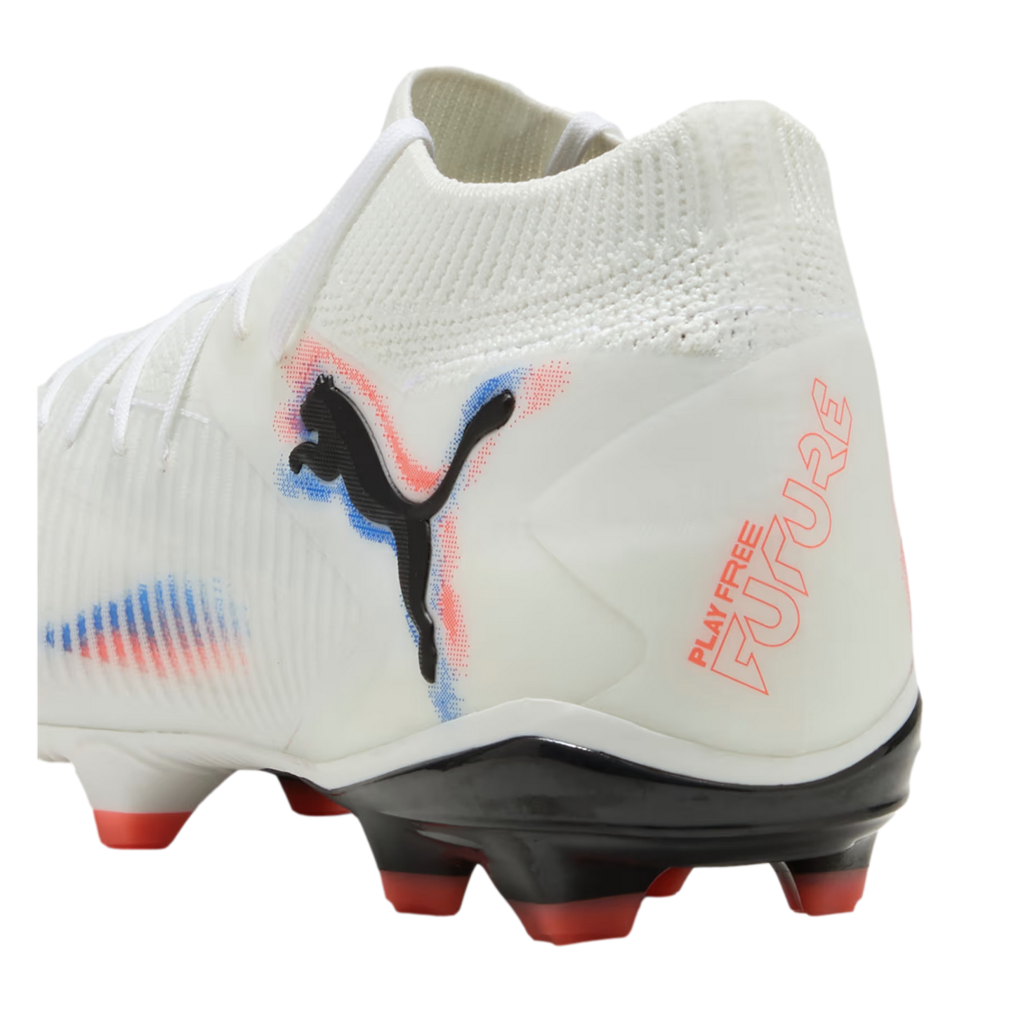 White Puma Future soccer cleat with red and blue accents, black logo, and "PLAY FREE FUTURE" on the heel. Features a knitted collar and black soleplate with red-tipped studs.