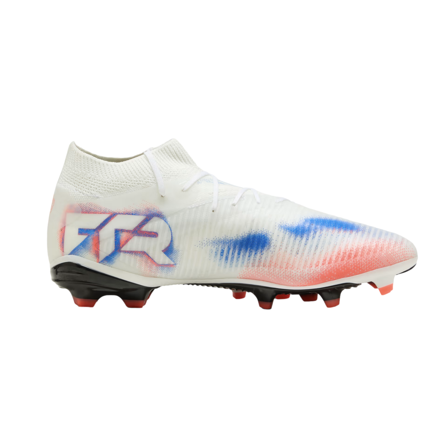White soccer cleat featuring red and blue spray-paint style graphics, "FTR" branding on the heel, and a black sole with red studs, shown against a black background.
