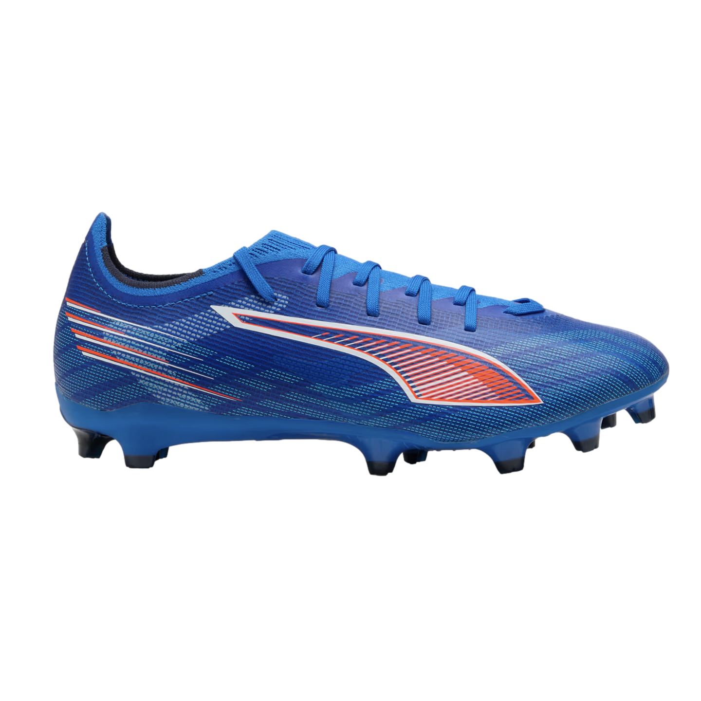 A royal blue Puma soccer cleat with white and orange accents, shown from the side against a black background.