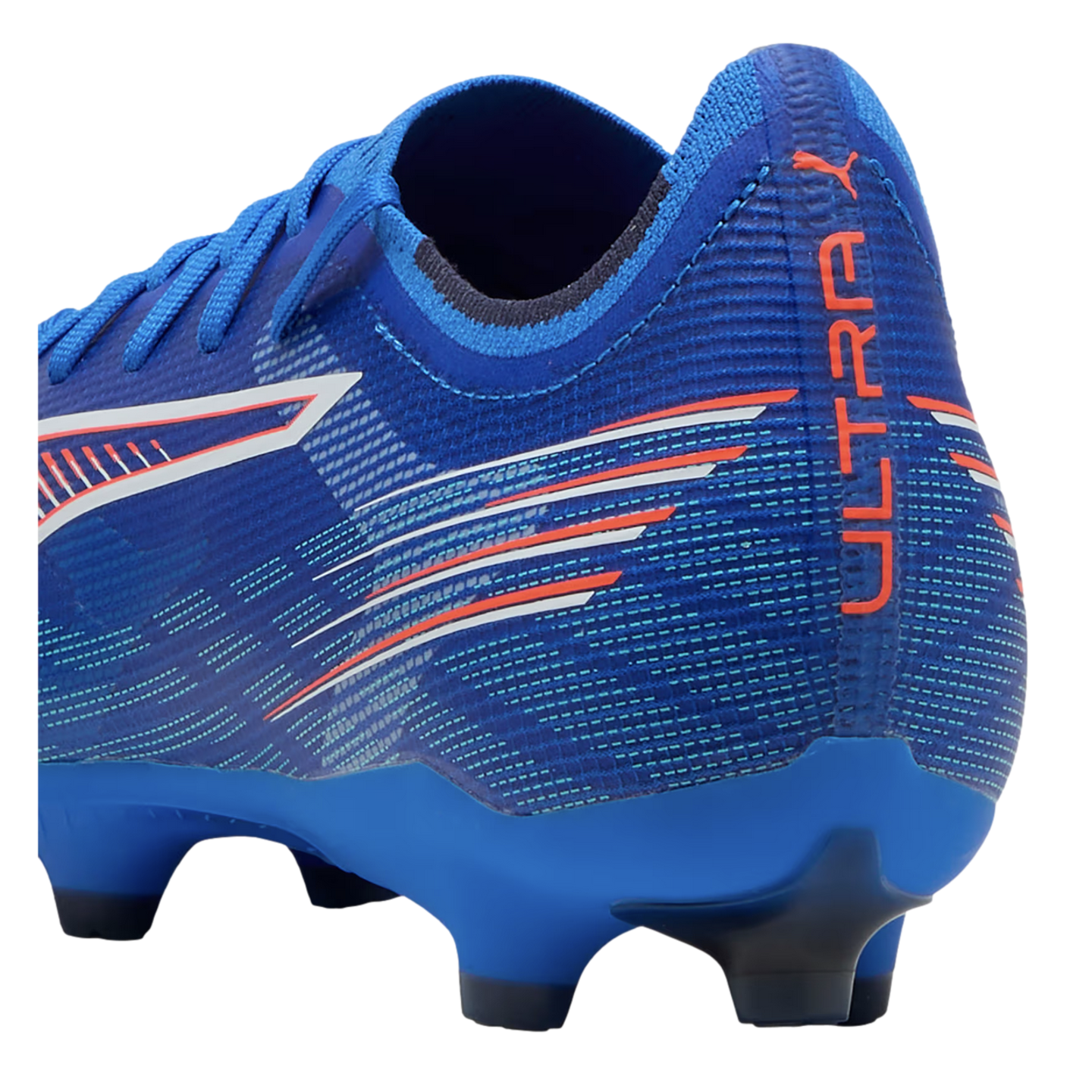Rear view of a blue Puma Ultra soccer cleat featuring orange "ULTRA" text on the heel and white and orange stripe accents on a textured upper.