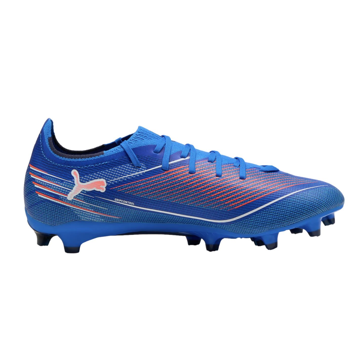 Blue Puma soccer cleat featuring orange and white diagonal stripes, a white cat logo, blue laces, and a studded sole, set against a black background.