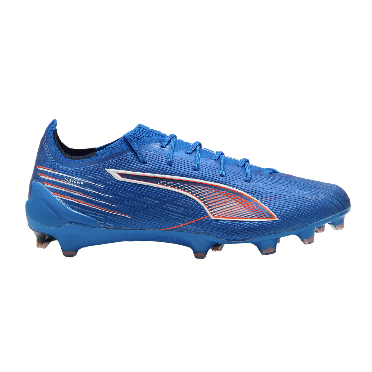 Side profile of a blue Puma soccer cleat with orange and white accents, isolated on a black background.