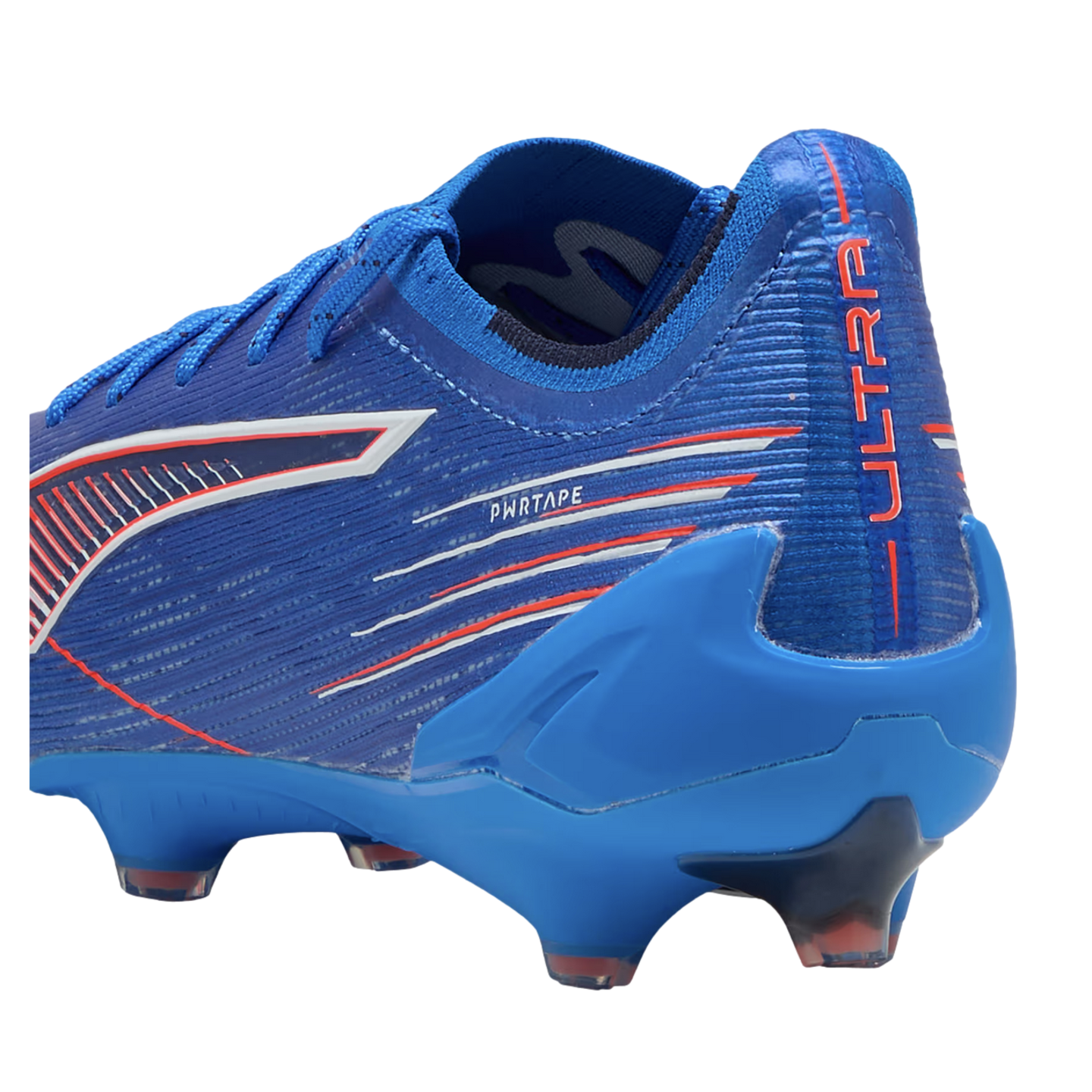 Side and heel view of a blue Puma Ultra soccer cleat with white and red accents.