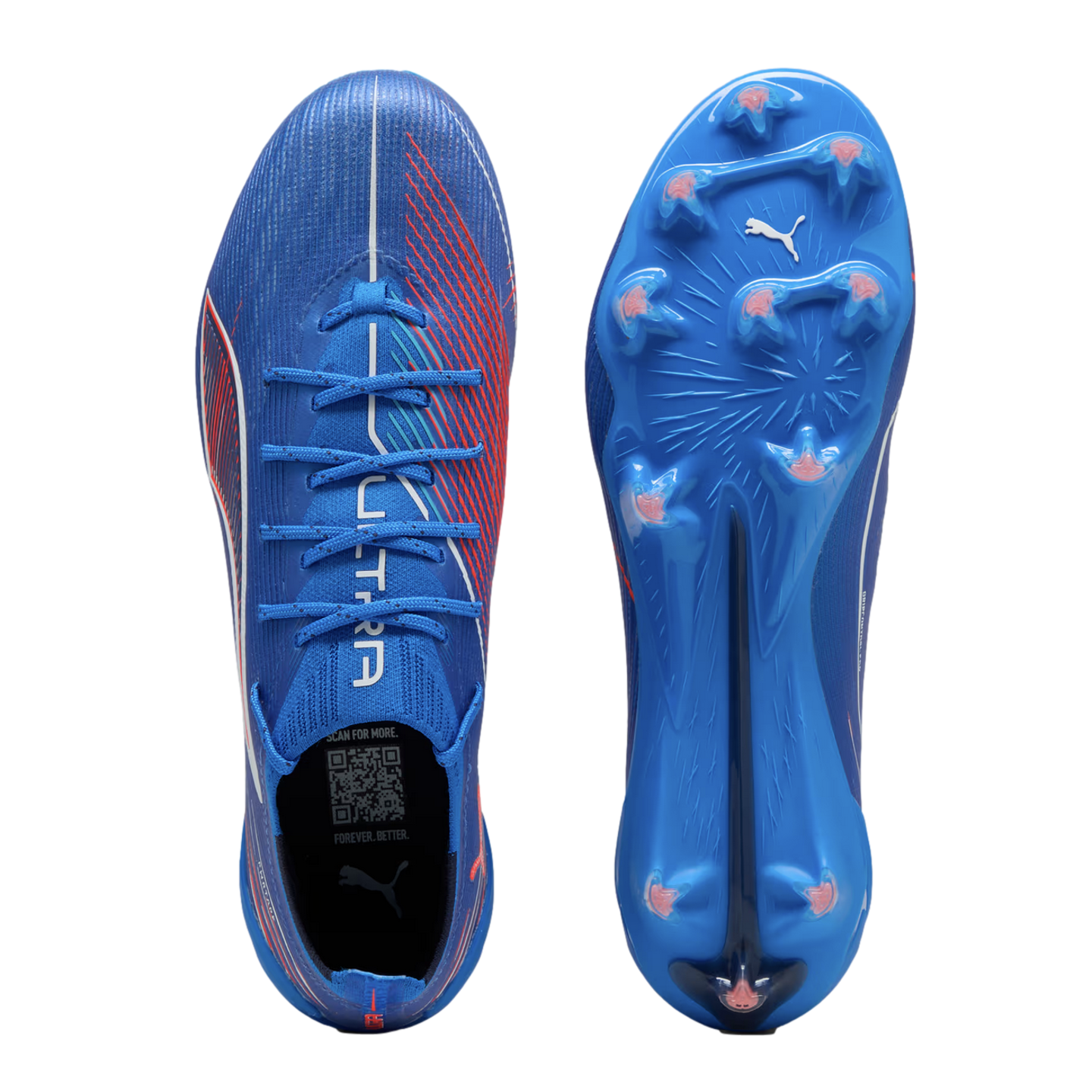 Top and bottom views of bright blue Puma Ultra soccer cleats with orange accents on a black background.